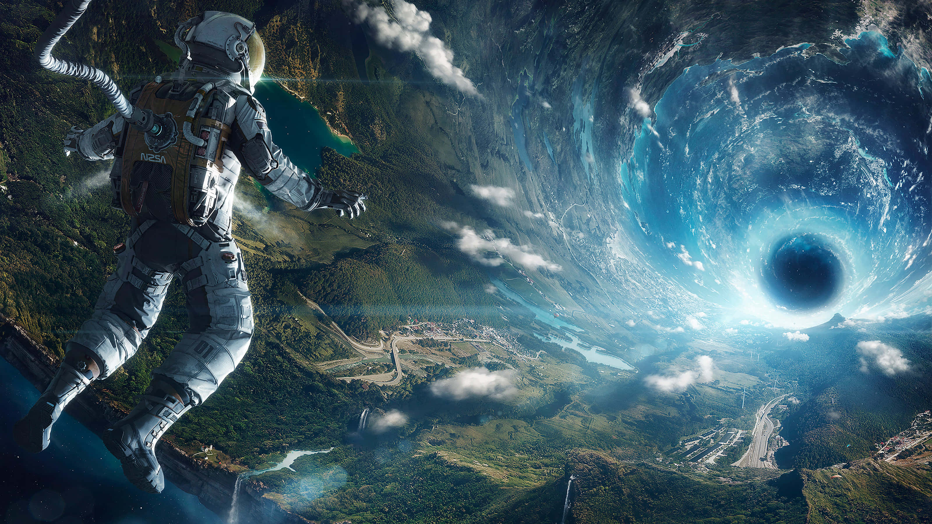 astronaut, lush green planet, massive blue-black wormhole, 2K Desktop Wallpaper