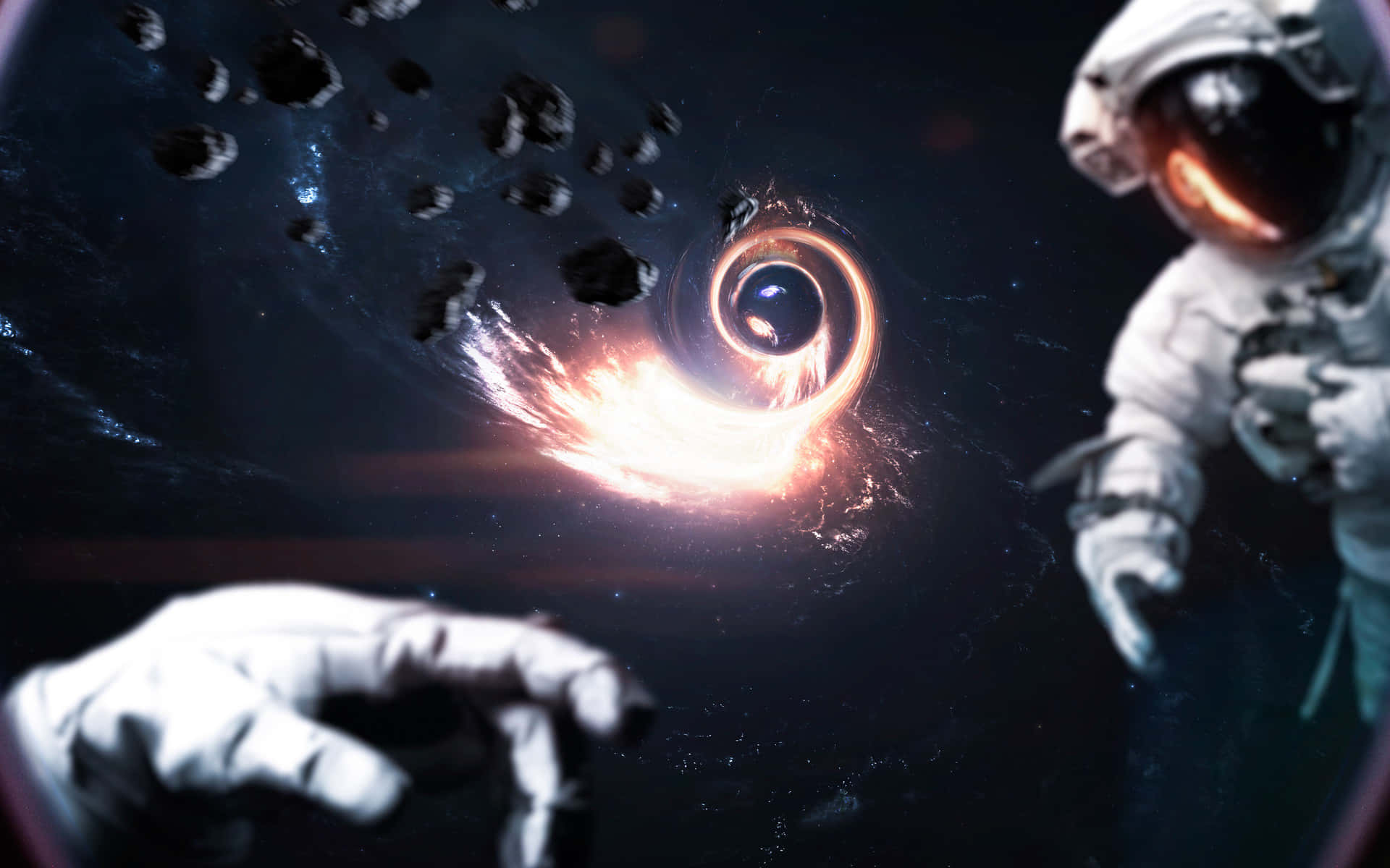 cosmic wormhole, astronaut, glowing cosmic vortex, Full HD Desktop Wallpaper