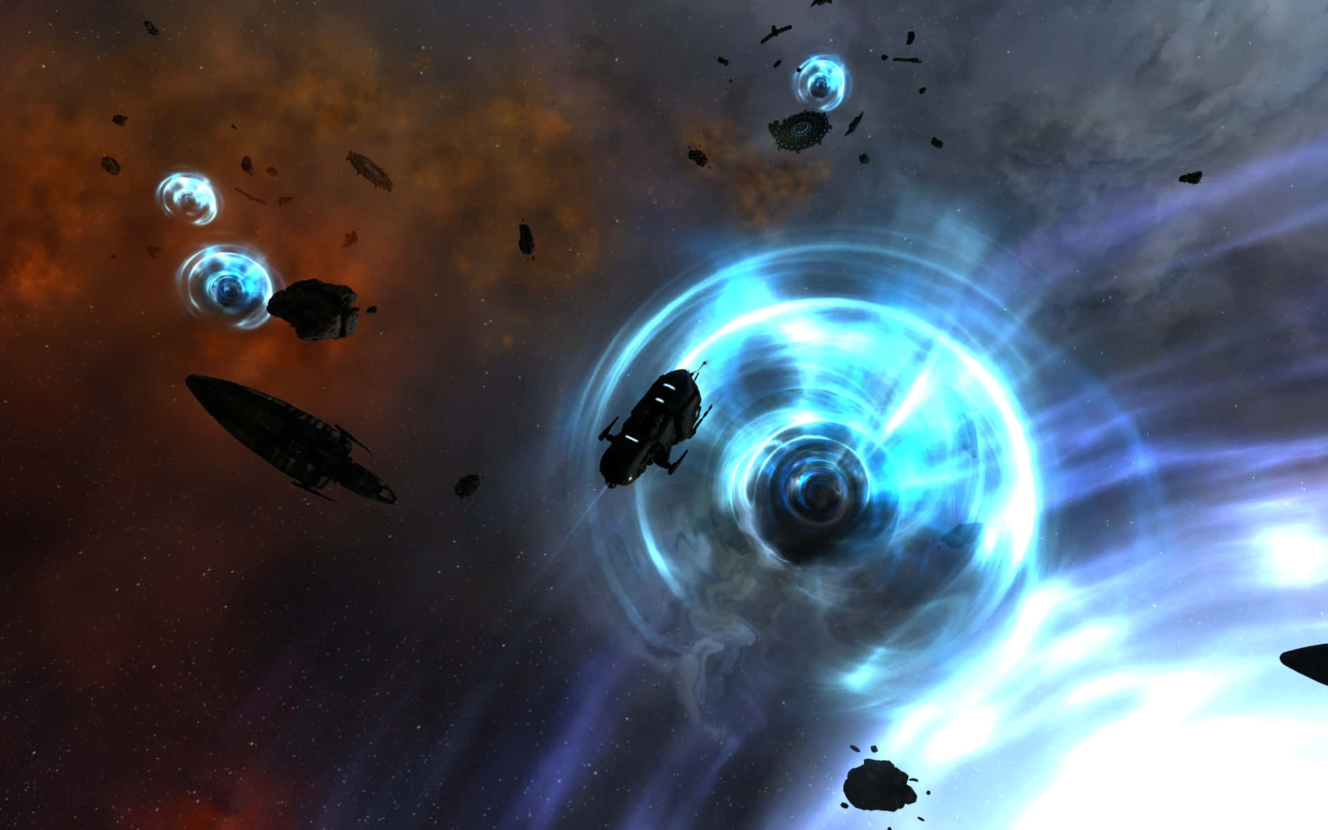 cosmic wormhole, glowing blue wormhole, spaceships, Full HD Desktop Wallpaper