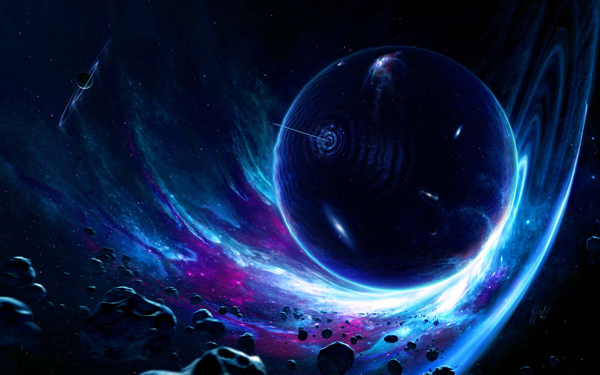 wormhole, glowing blue planet, swirling nebulae, Full HD Desktop Wallpaper
