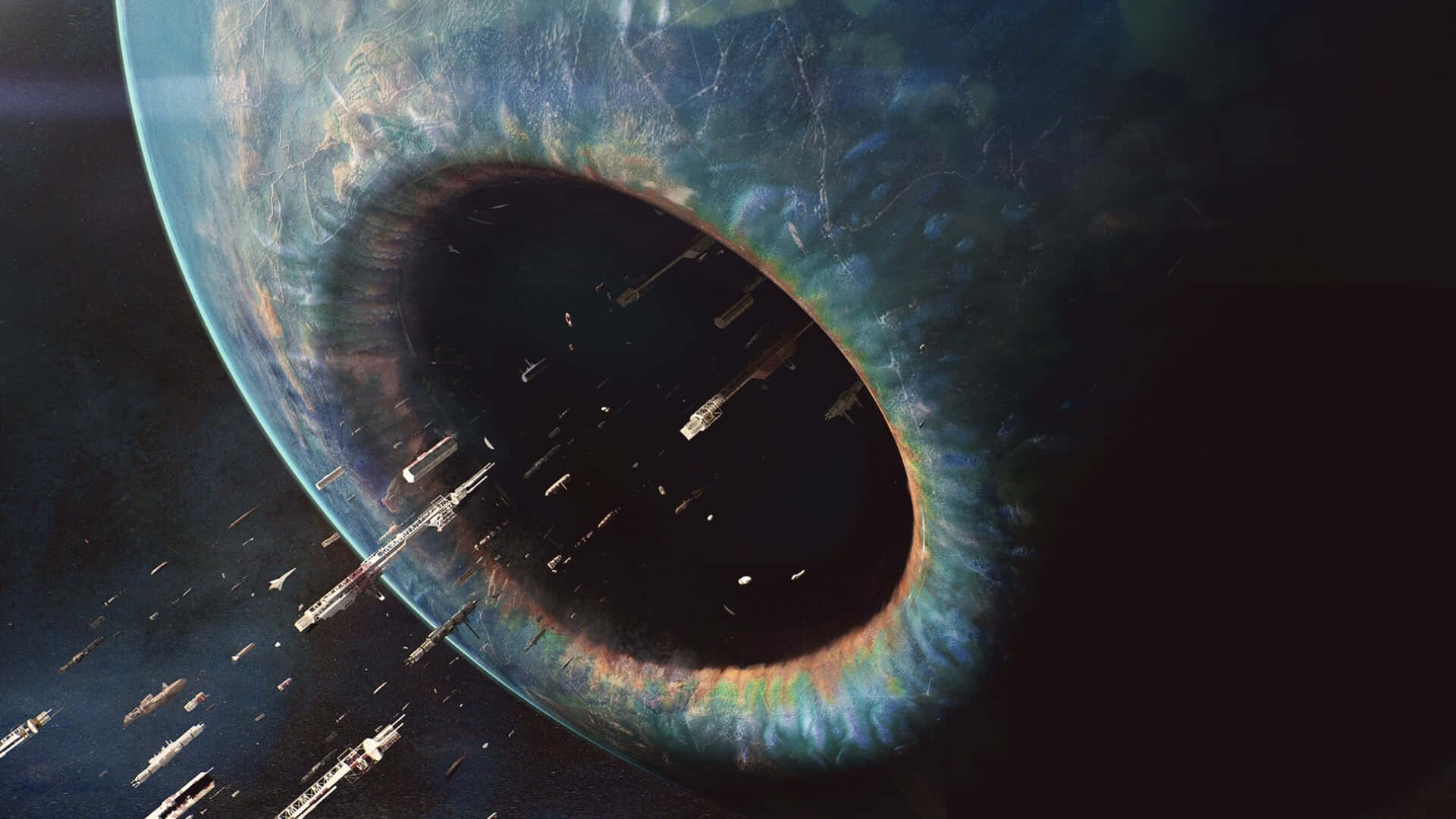 cosmic wormhole, black hole pupil, spaceships, Full HD Desktop Wallpaper