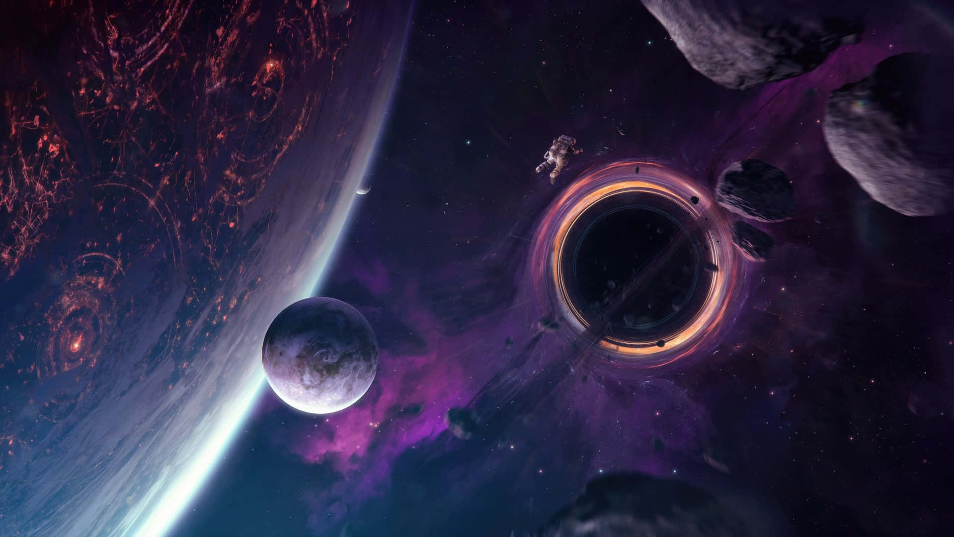 wormhole, astronaut, purple nebula, Full HD Desktop Wallpaper