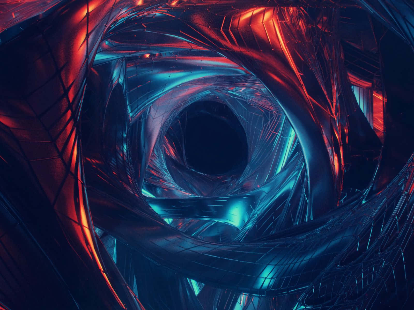 cosmic wormhole, glowing red and cyan neon lights, metallic surfaces, HD Desktop Wallpaper