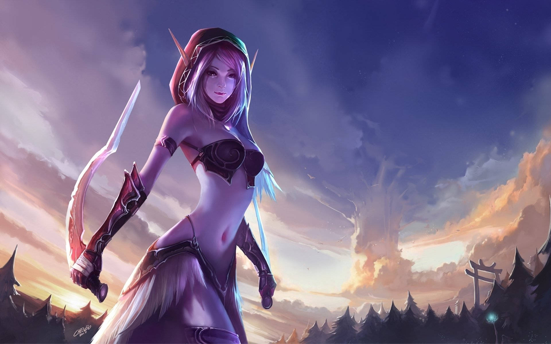 Wow Classic, elf warrior, purple hair, Full HD Desktop Wallpaper