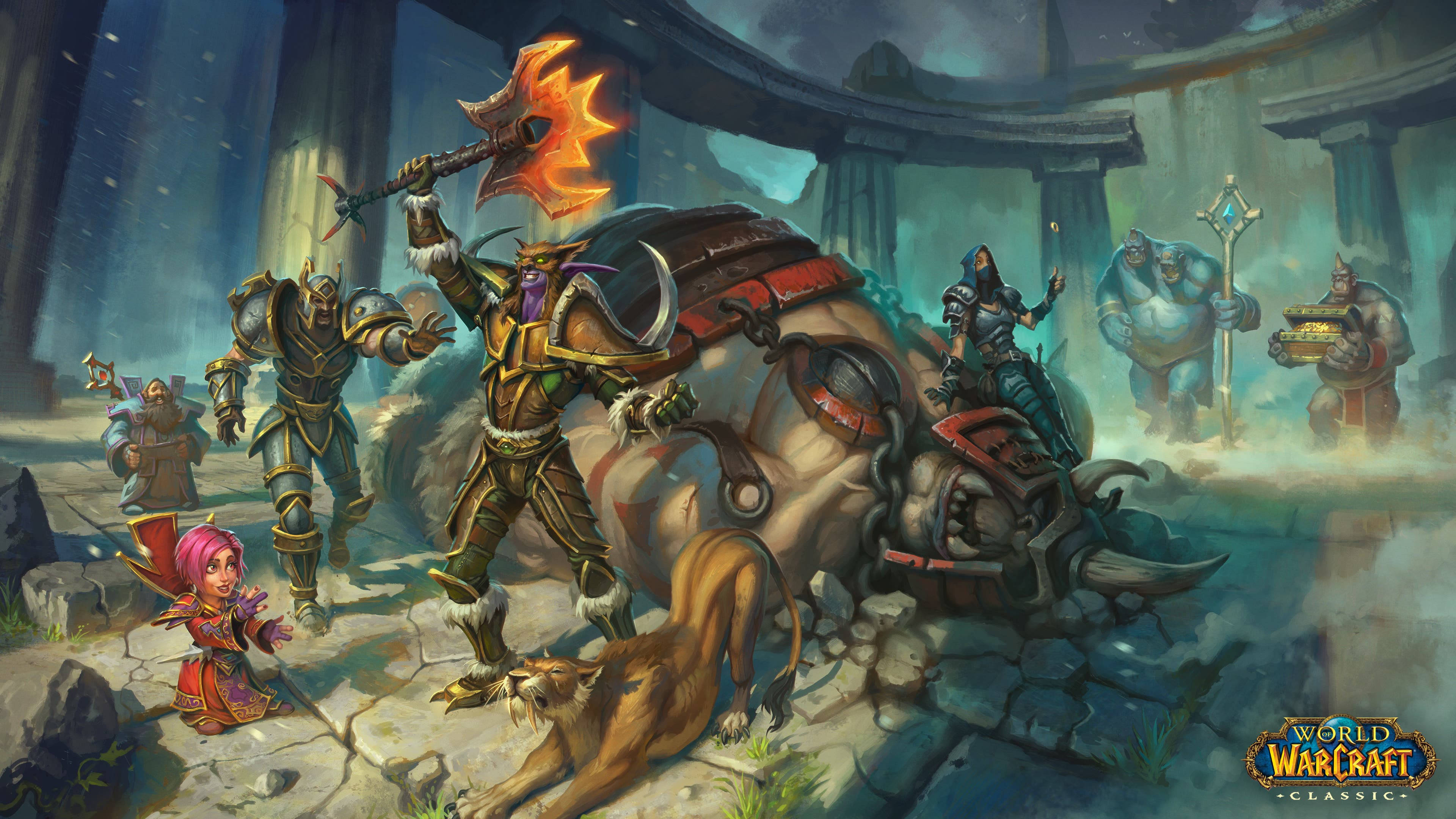 Wow Classic, fantasy battle scene, armored warriors, 4K Desktop Wallpaper