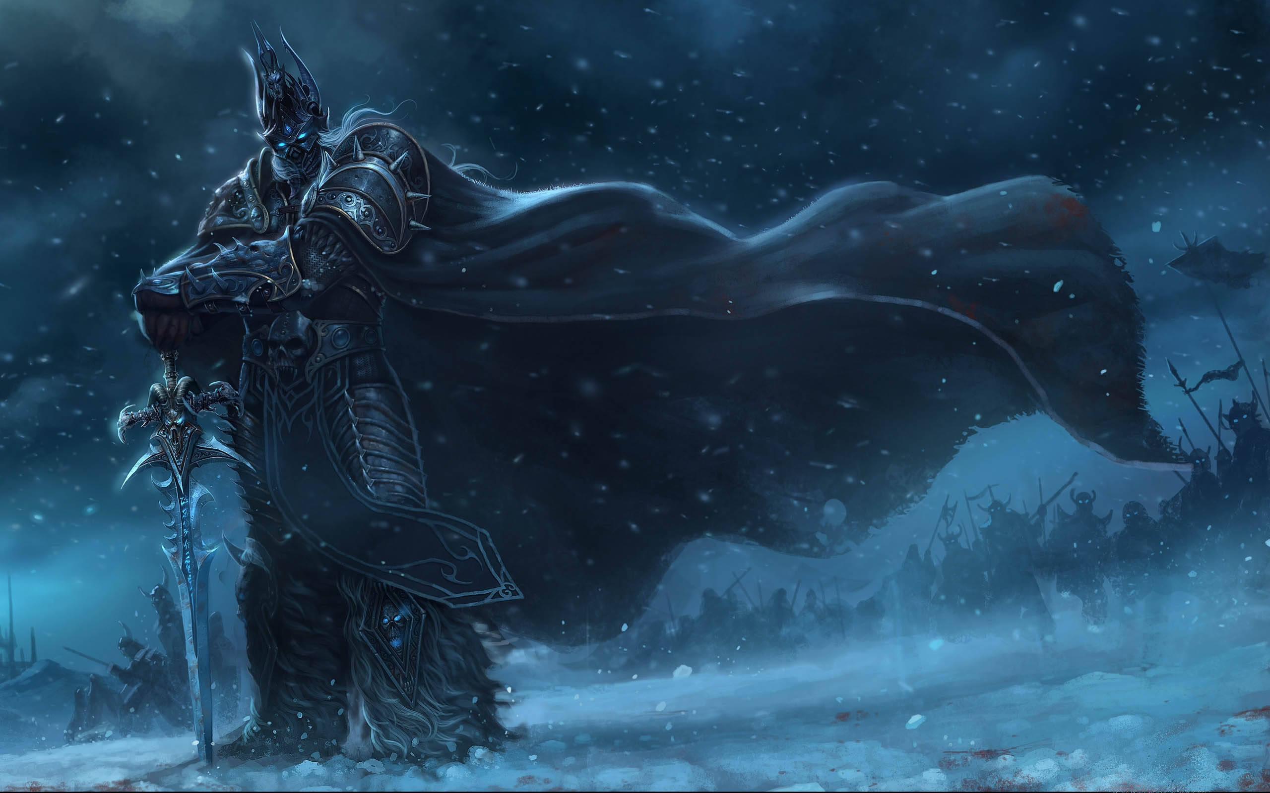 Wrath Of The Lich King, dark armored warrior, glowing blue eyes, 2K Desktop Wallpaper