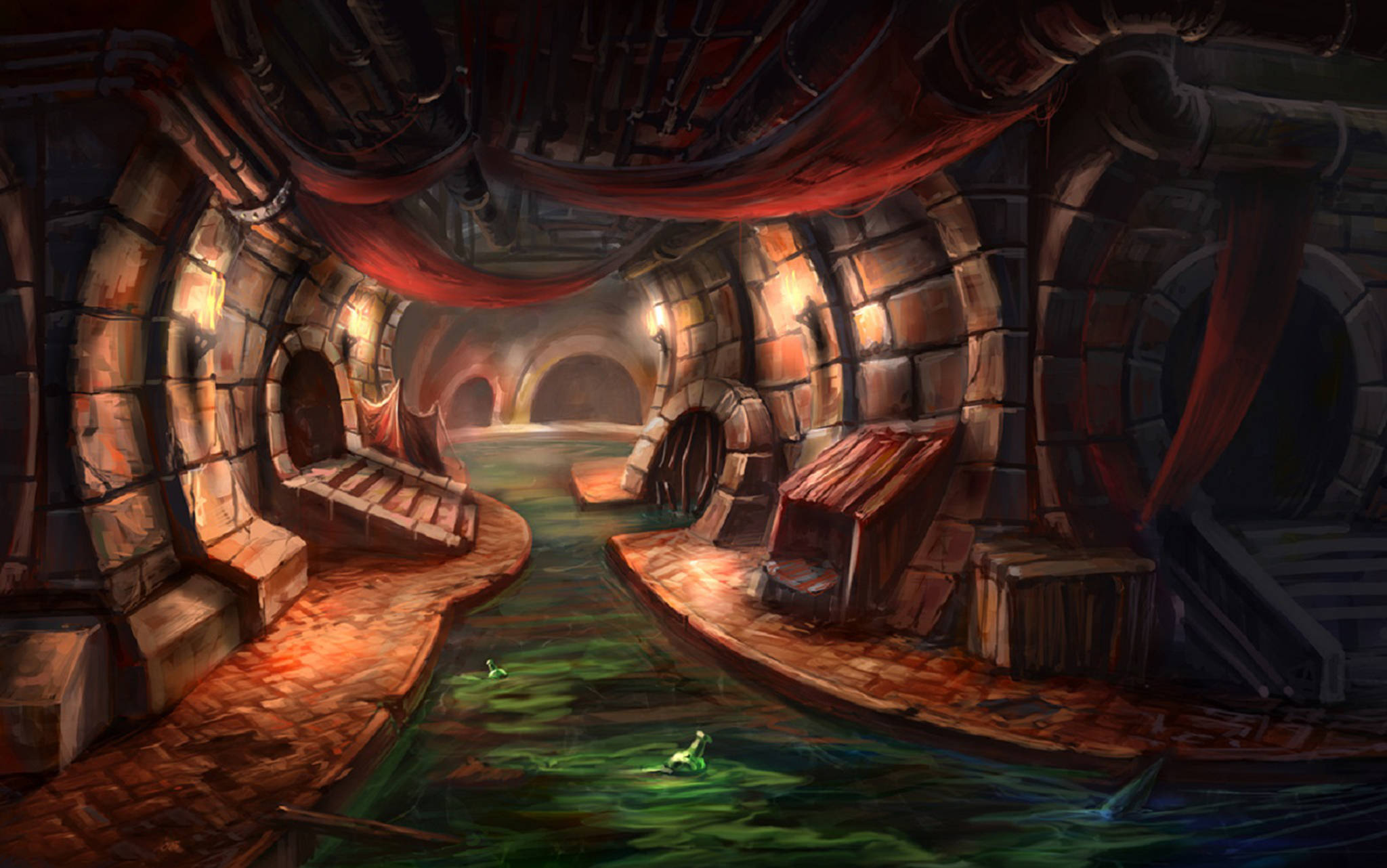 Wrath Of The Lich King, stone tunnel, glowing green water, Full HD Desktop Wallpaper