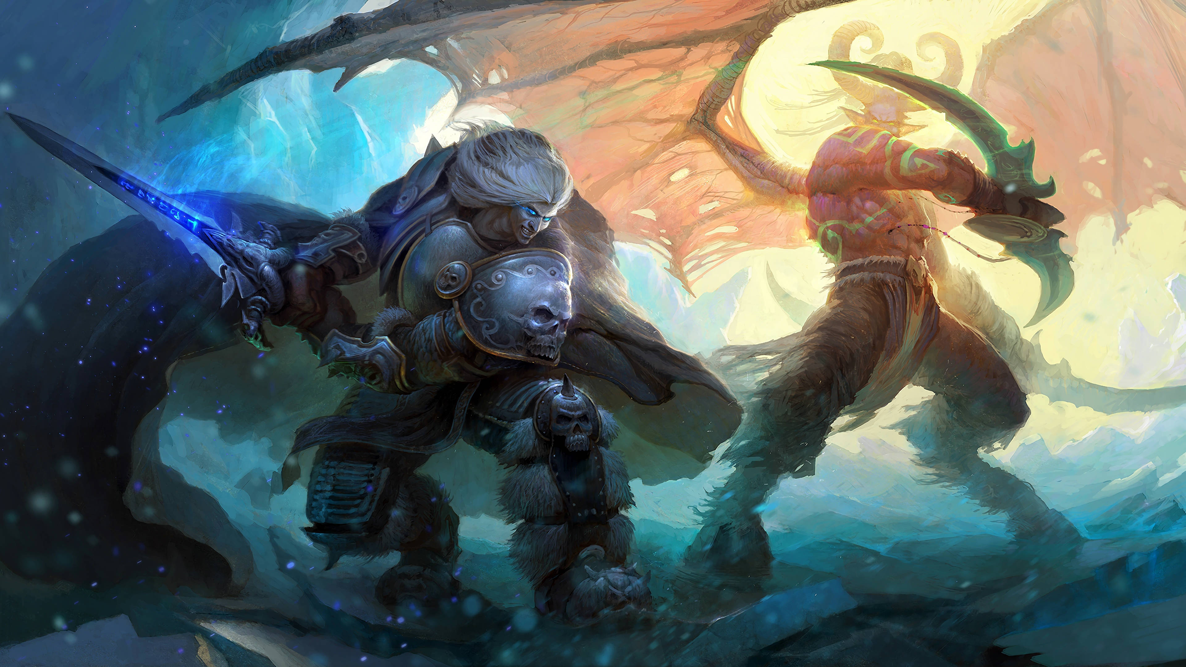 Wrath Of The Lich King, skull motifs, glowing sword, 4K Desktop Wallpaper