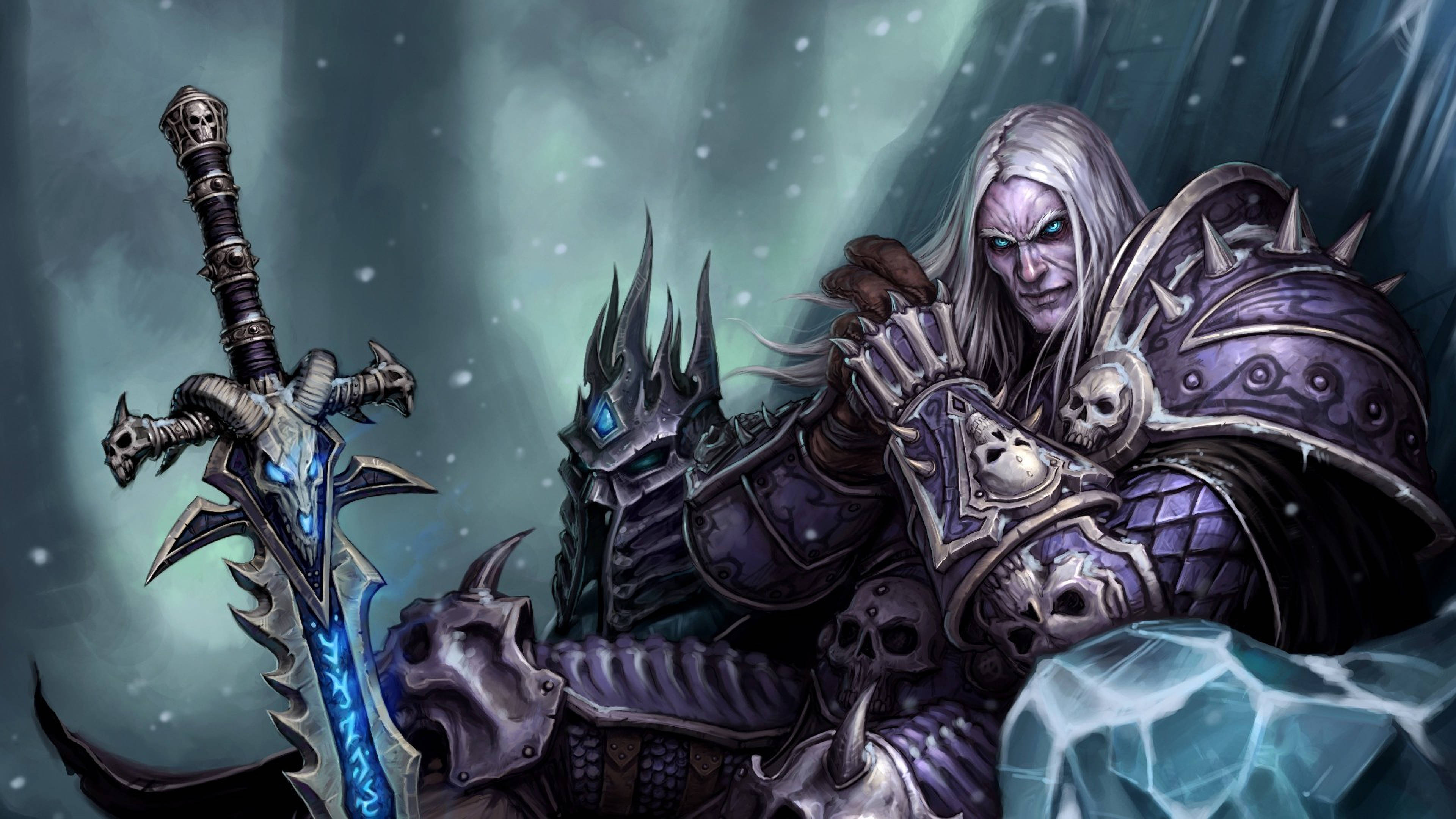Wrath Of The Lich King, skull-adorned sword, snowy, 4K Desktop Wallpaper