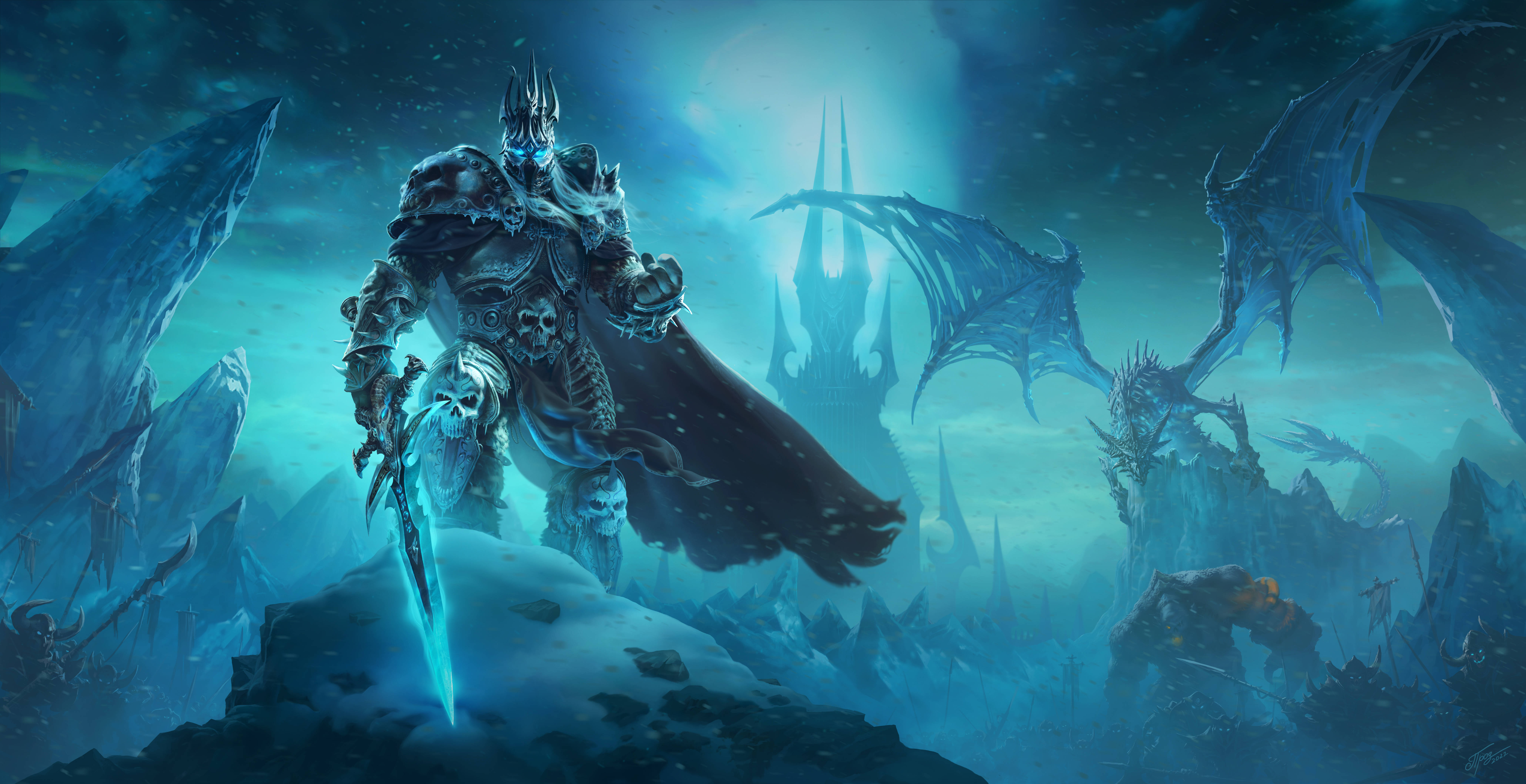 Wrath Of The Lich King, glowing blue eyes, skull-adorned sword, 8K Desktop Wallpaper