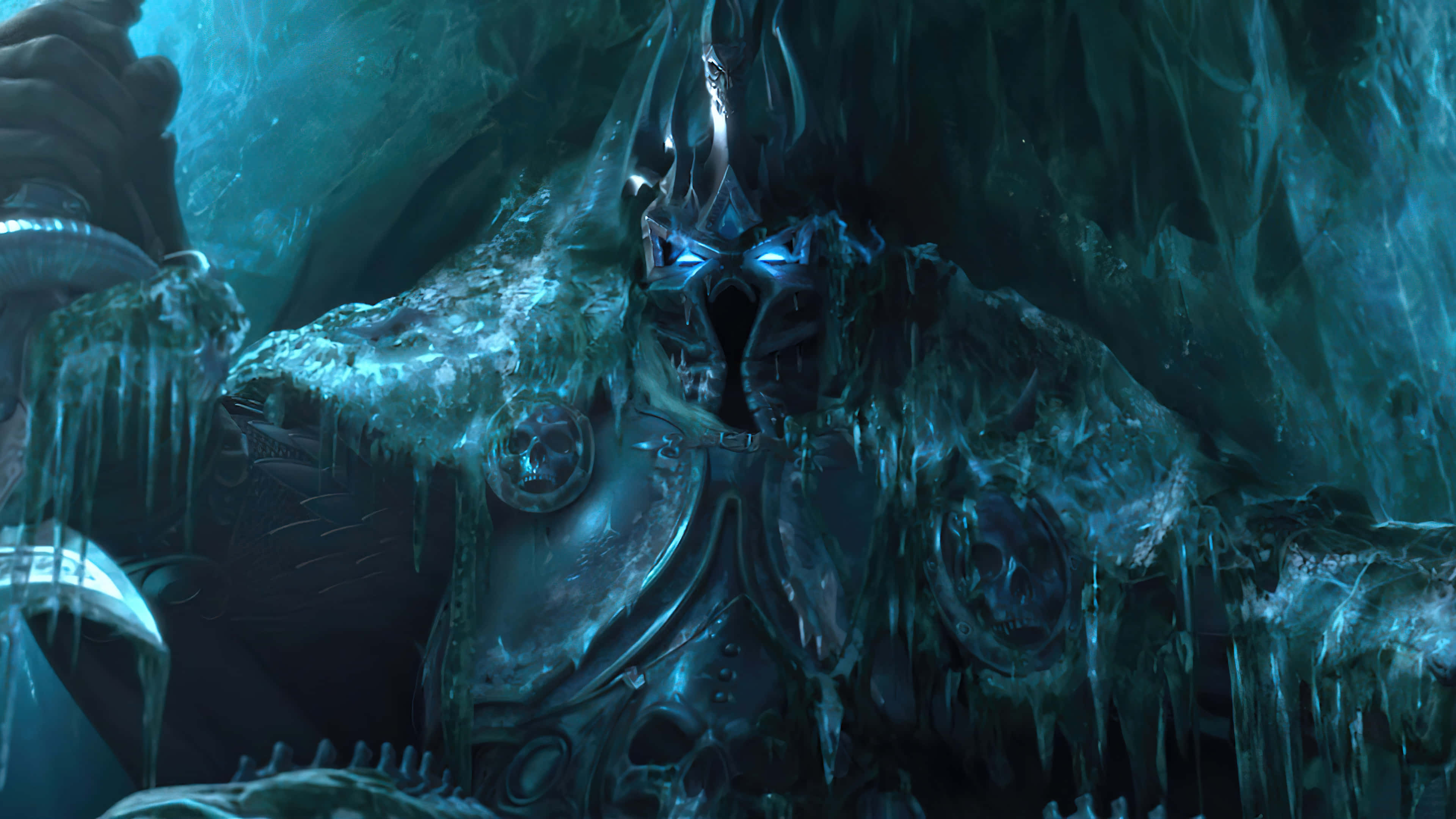 Wrath Of The Lich King, glowing blue eyes, armored figure, 4K Desktop Wallpaper