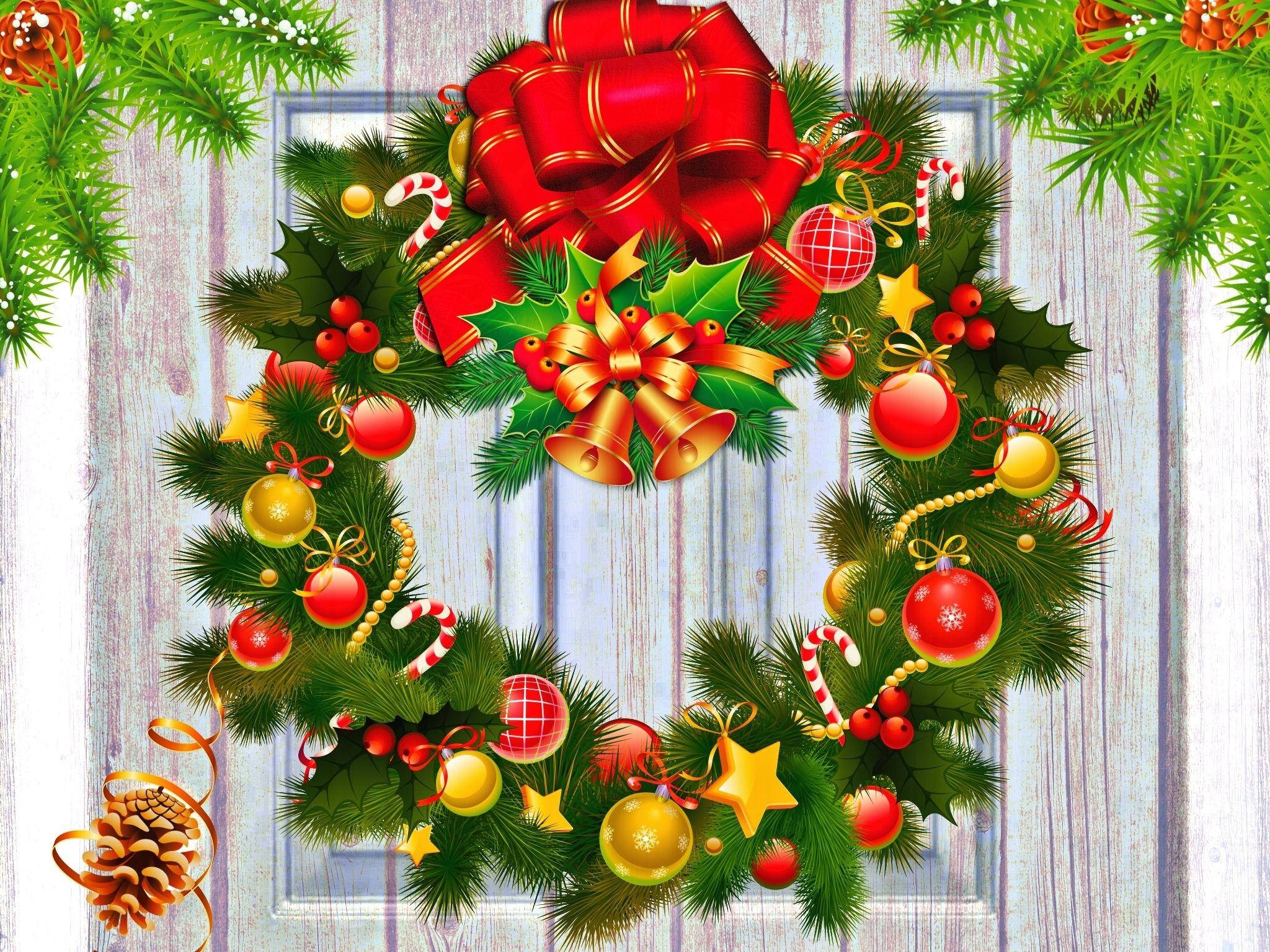 Christmas wreath, red bow, gold bells, Full HD Desktop Wallpaper