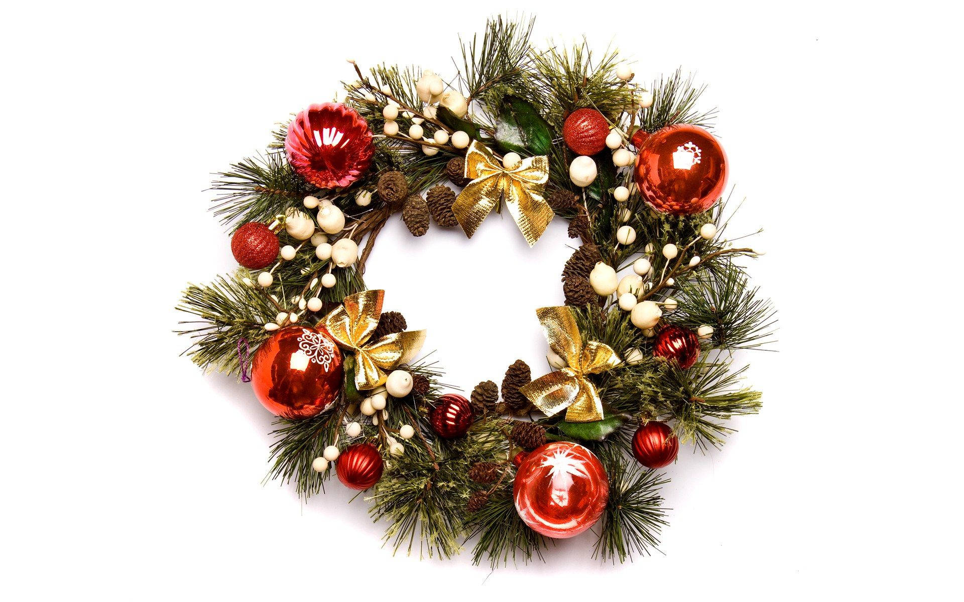 Christmas wreath, classic design, red ornaments, Full HD Desktop Wallpaper