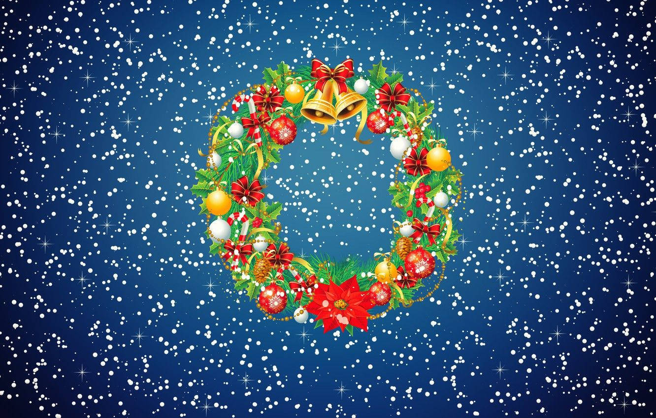 Christmas wreath, golden bells, red poinsettias, HD Desktop Wallpaper
