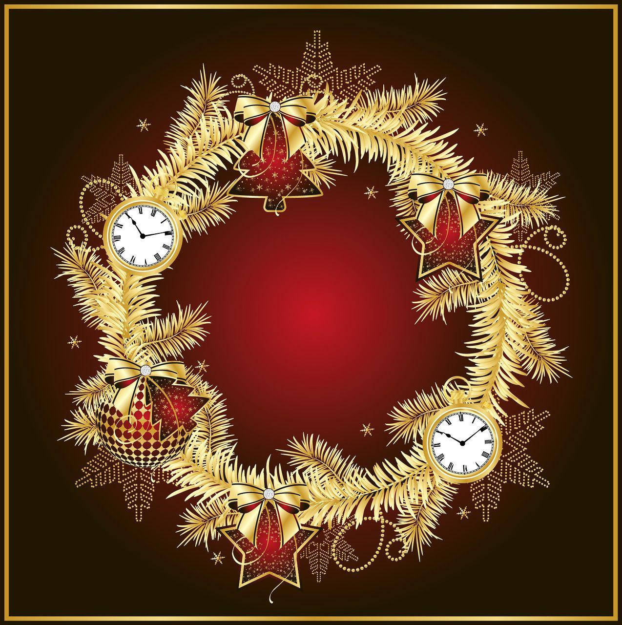 Christmas wreath, gold, clocks, HD Phone Wallpaper