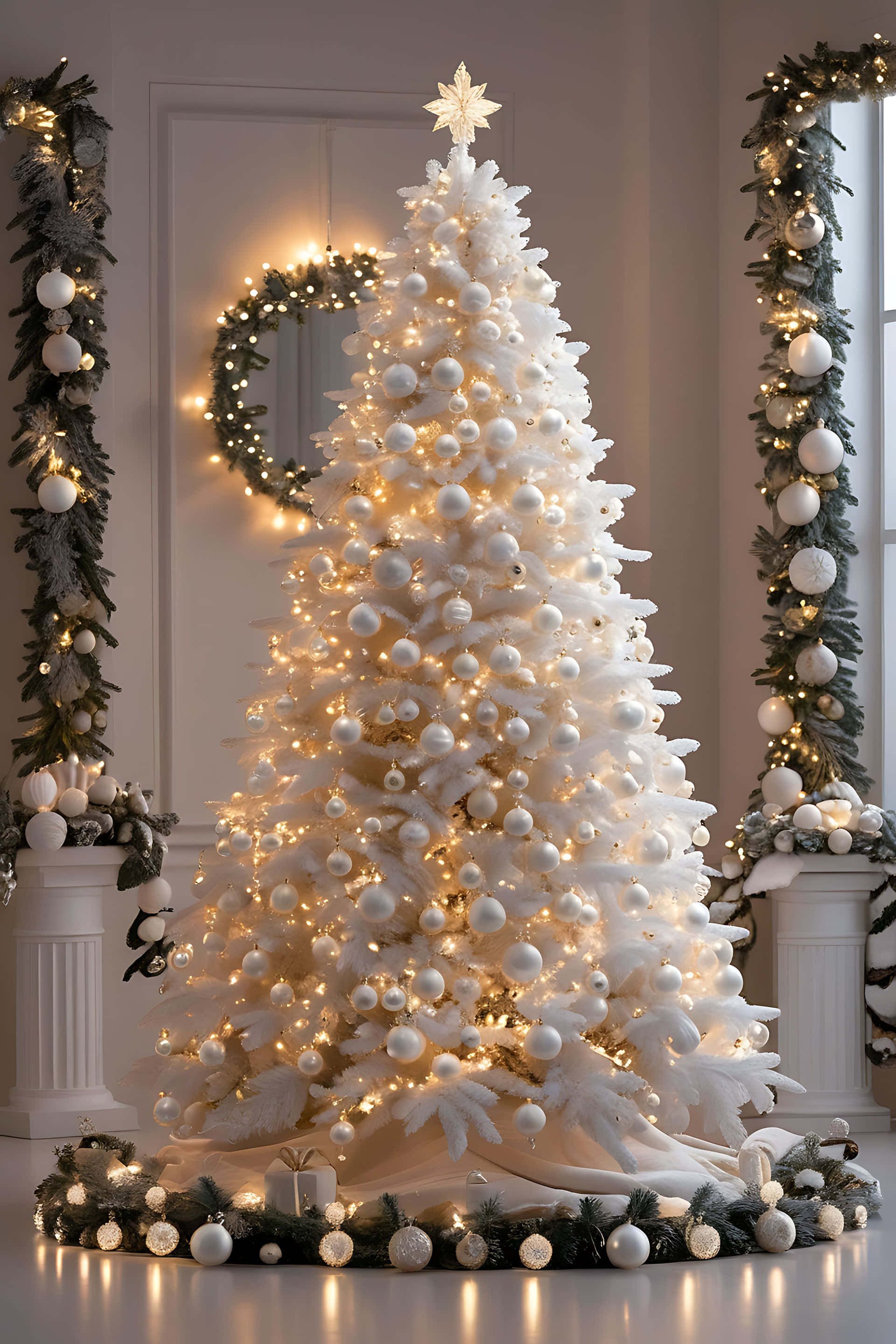 elegant white christmas tree, warm lights, snowy white Christmas tree, 2K Phone Wallpaper