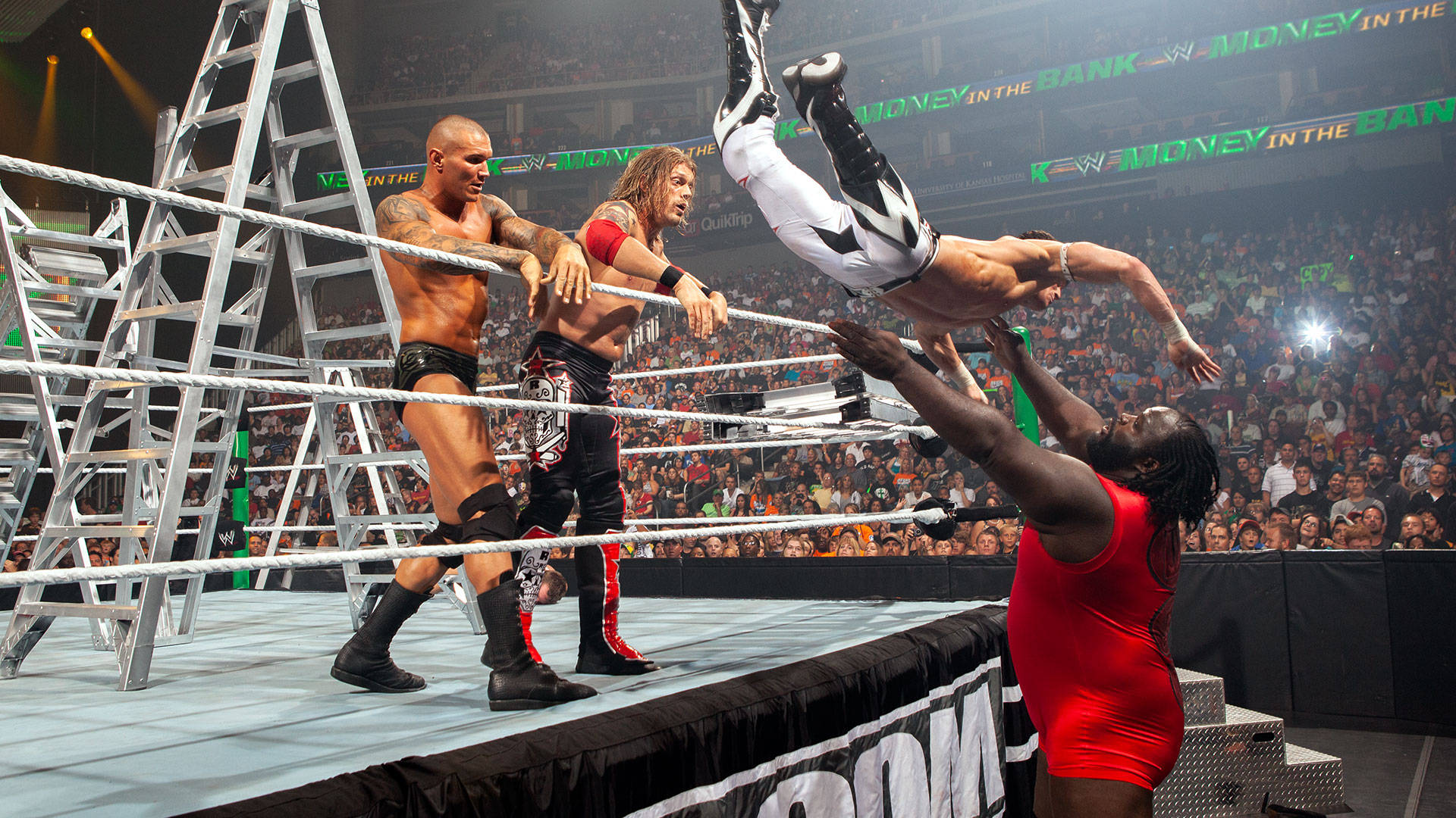 4 man wrestling match, ladder match, airborne mid-move, Full HD Desktop Wallpaper