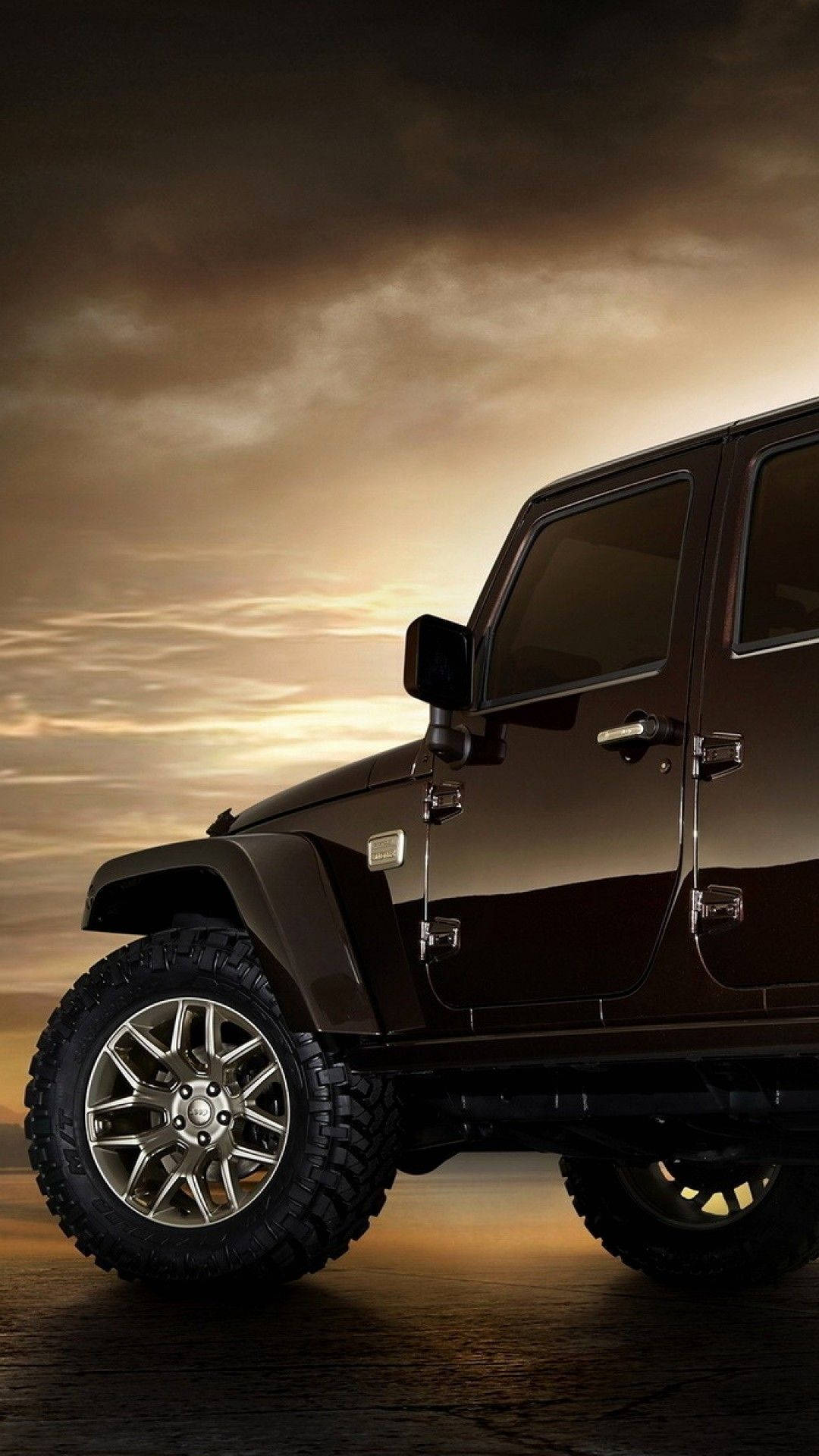 black Jeep Wrangler, shiny paint, golden sunset sky, Full HD Phone Wallpaper