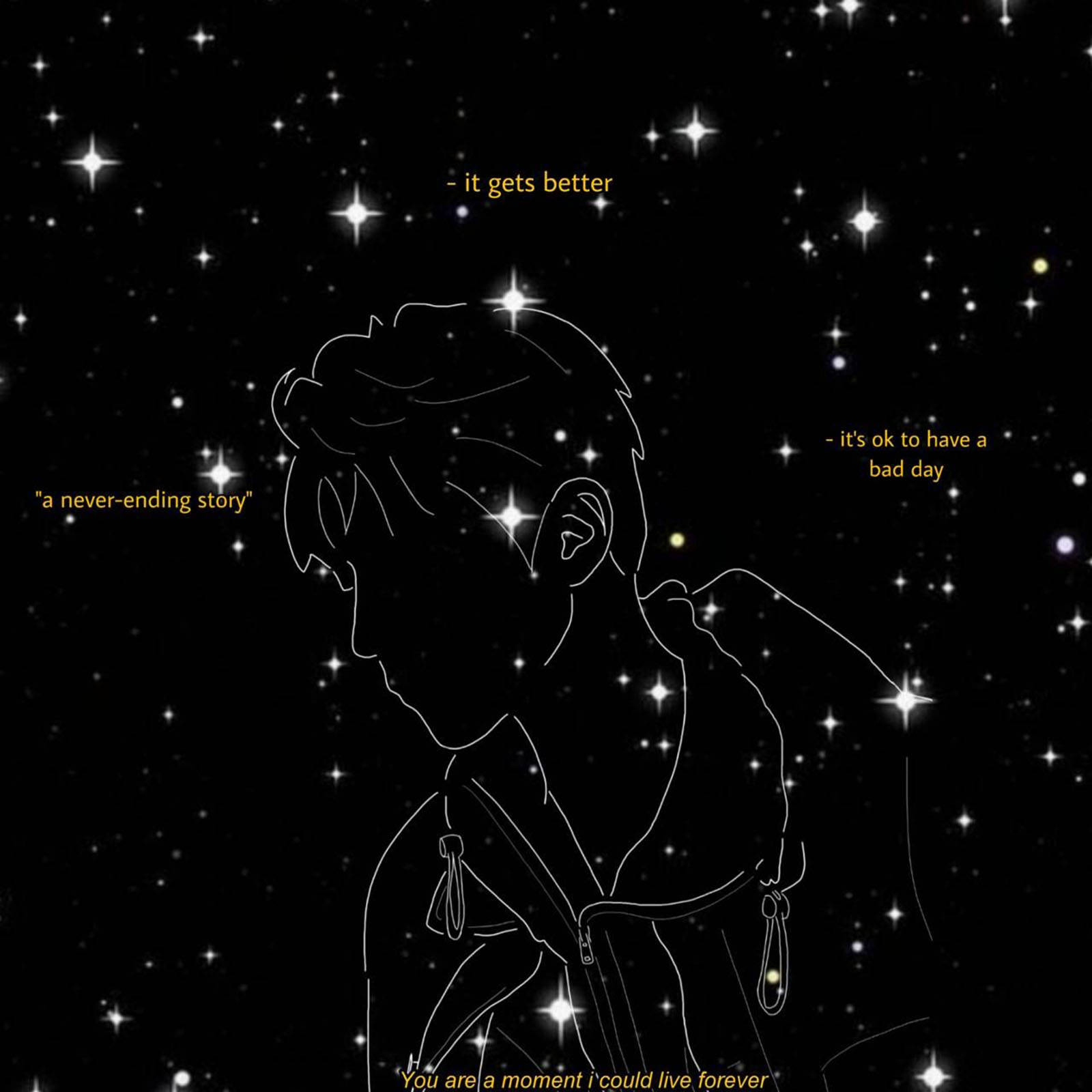 aesthetic boy thoughts, white line-art silhouette, starry night sky, HD Desktop Wallpaper