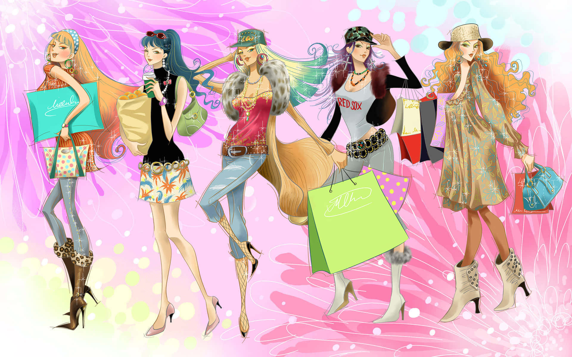 anime girls, colorful hair, shopping bags, Full HD Desktop Wallpaper