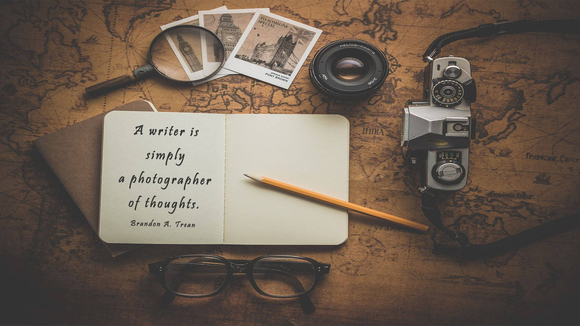 vintage camera, magnifying glass, notebook, Full HD Desktop Wallpaper