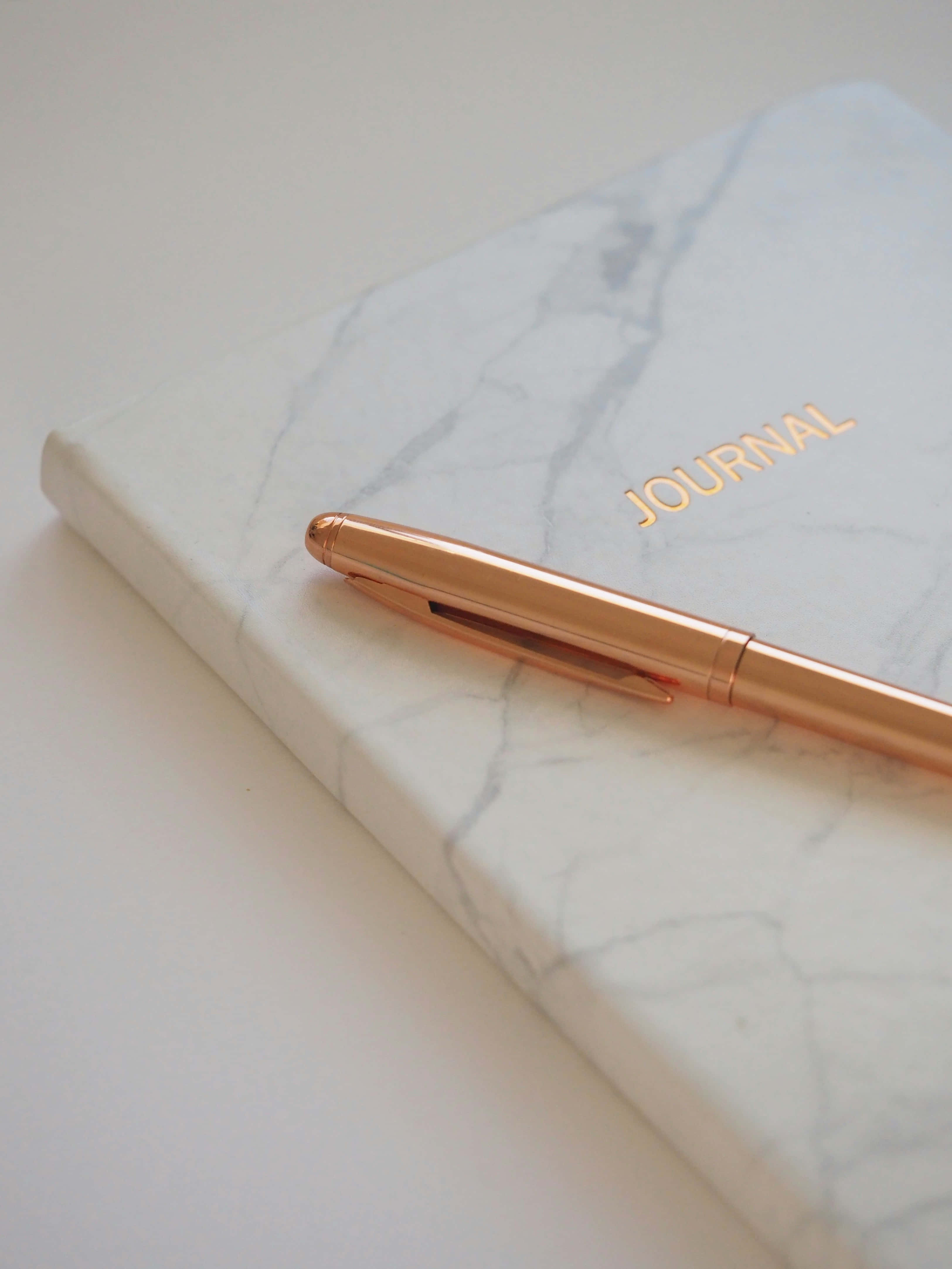 rose gold pen, white marble journal, gold embossed lettering, 4K Phone Wallpaper