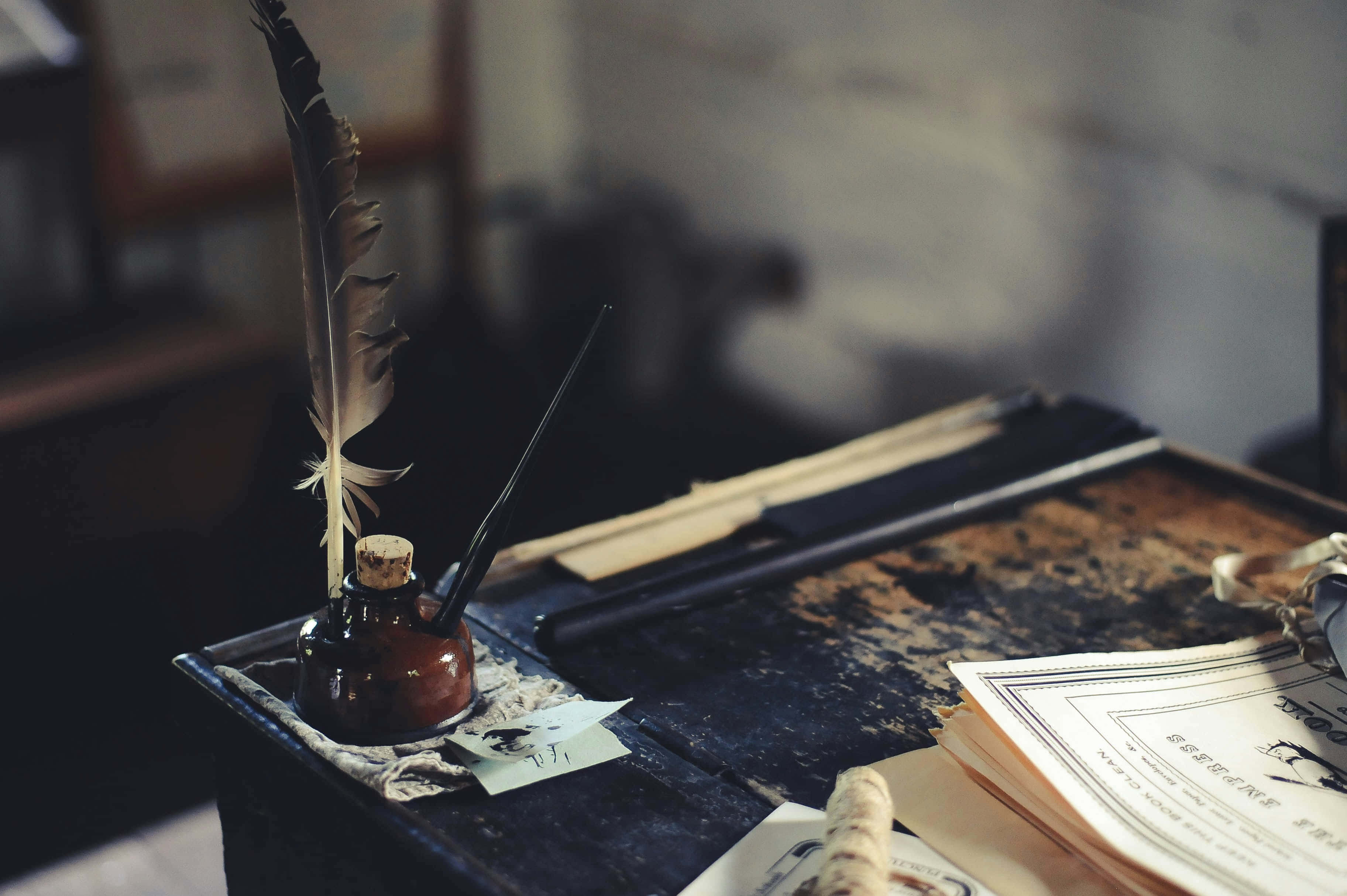 vintage feather quill, dark inkwell, aged papers, 2K Desktop Wallpaper