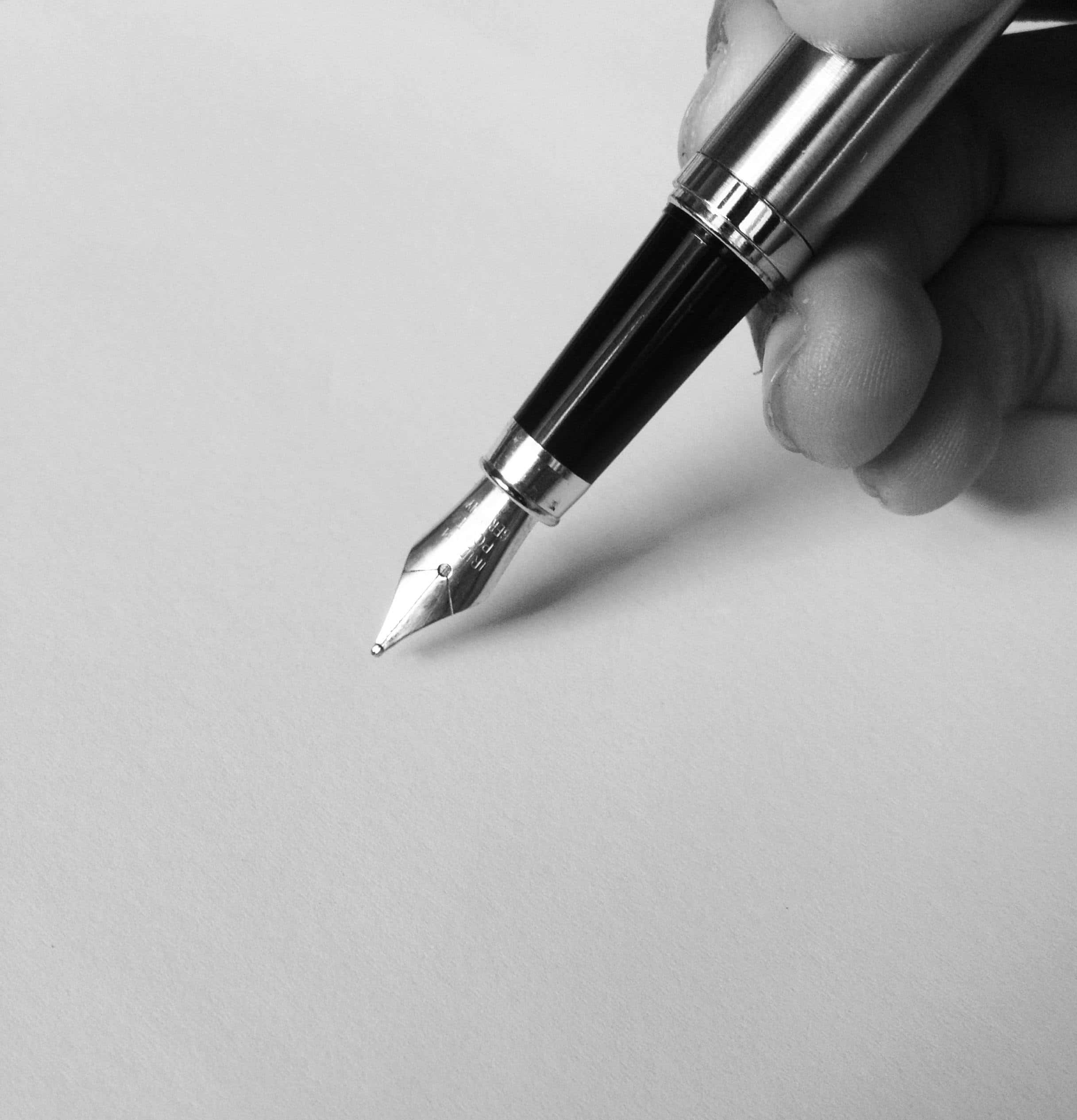 sleek black and silver fountain pen, blank paper, monochrome close-up, Full HD Phone Wallpaper