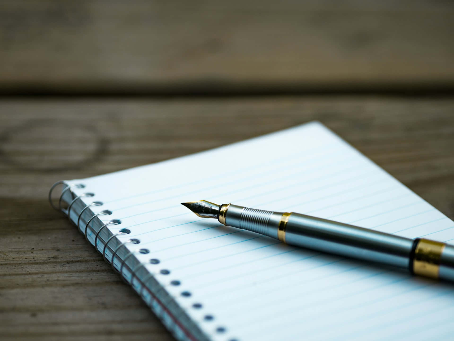 fountain pen, spiral-bound notebook, blue lines, Full HD Desktop Wallpaper