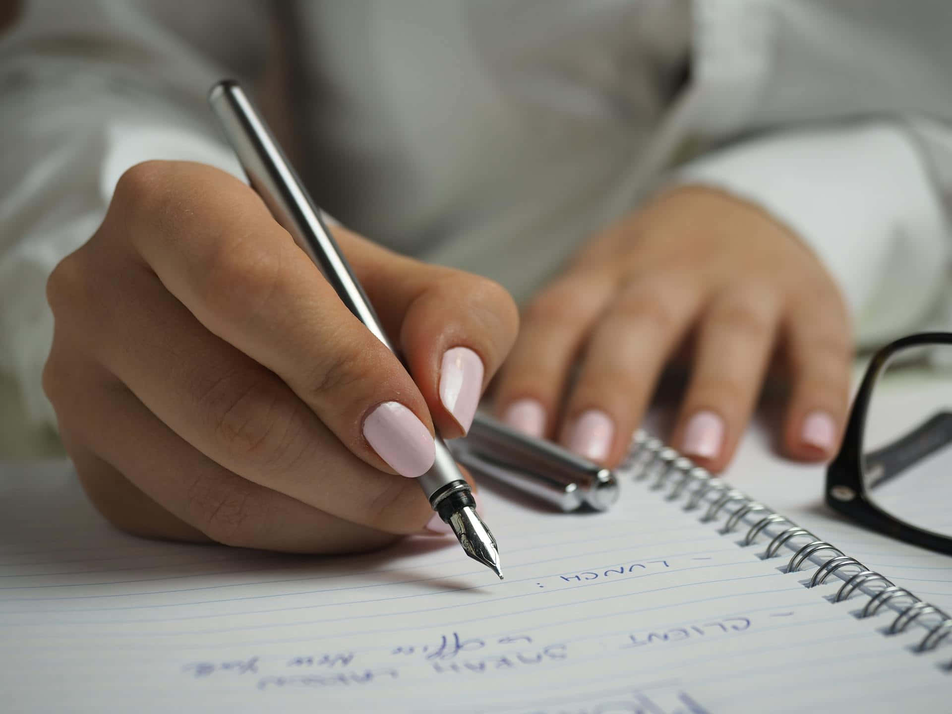 pale pink nails, silver fountain pen, lined notebook, Full HD Desktop Wallpaper