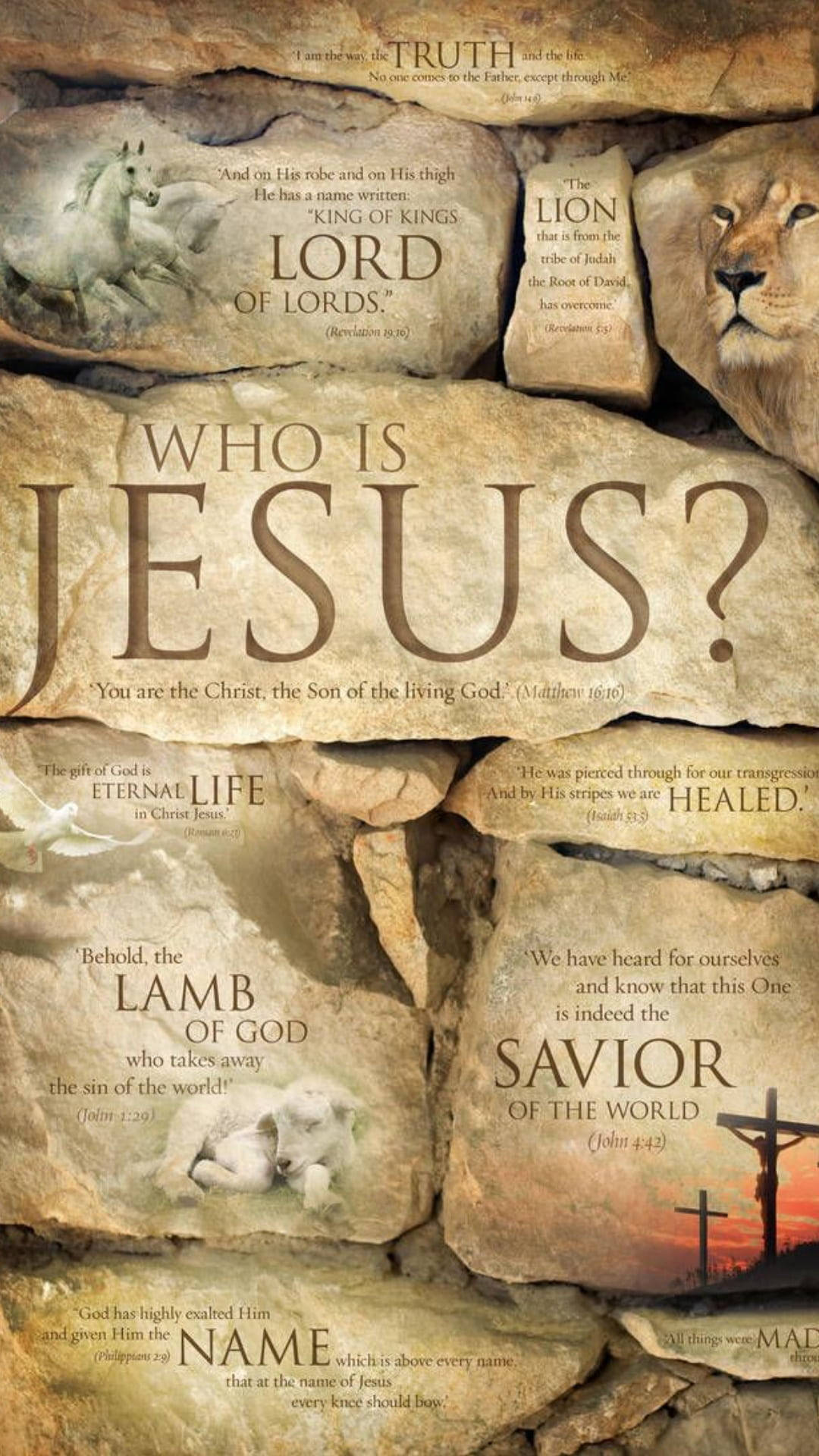 stone tablets, biblical verses about Jesus, lion lamb imagery, Full HD Phone Wallpaper