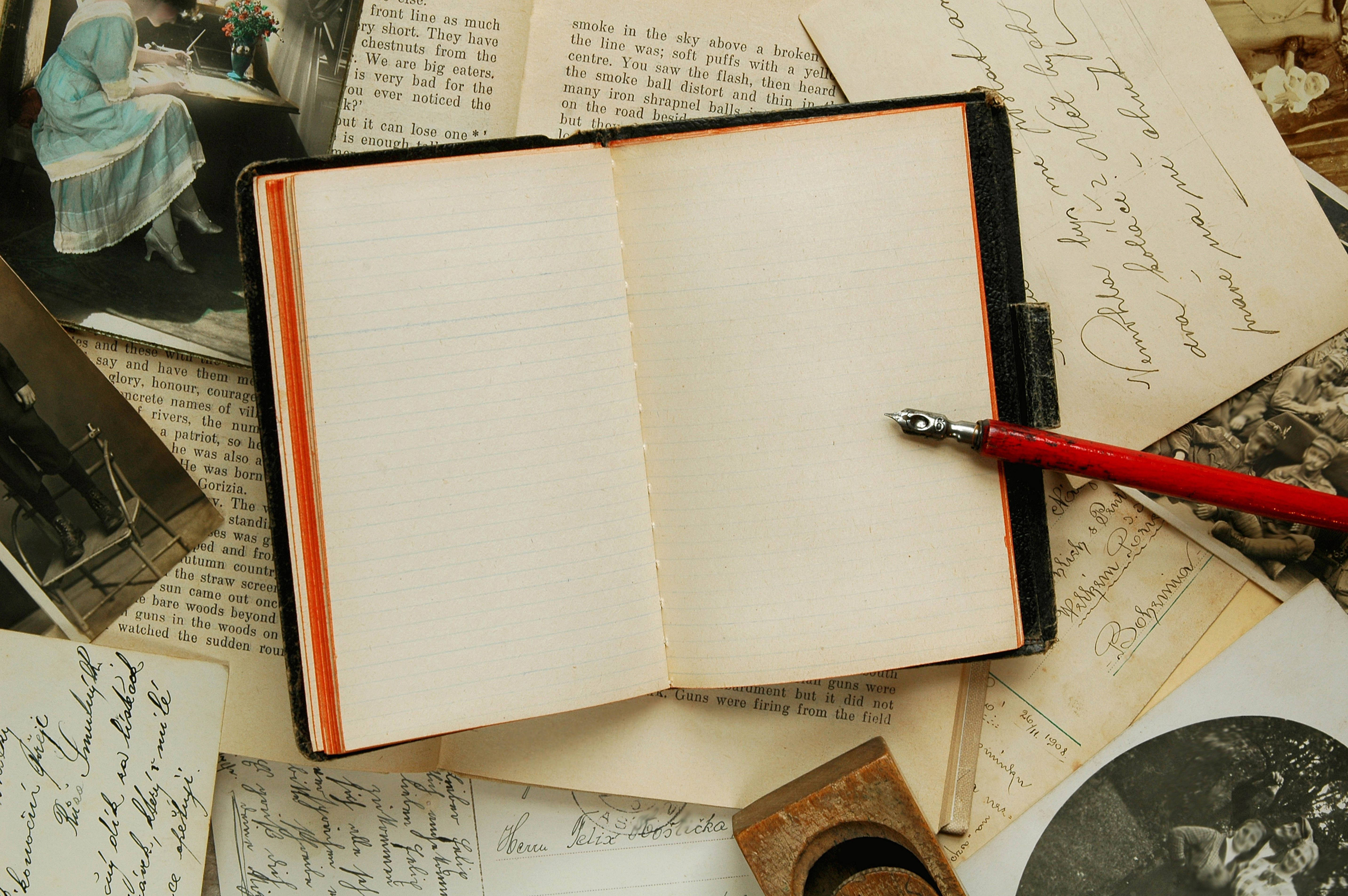 vintage notebook, red fountain pen, handwritten letters, 5K Desktop Wallpaper