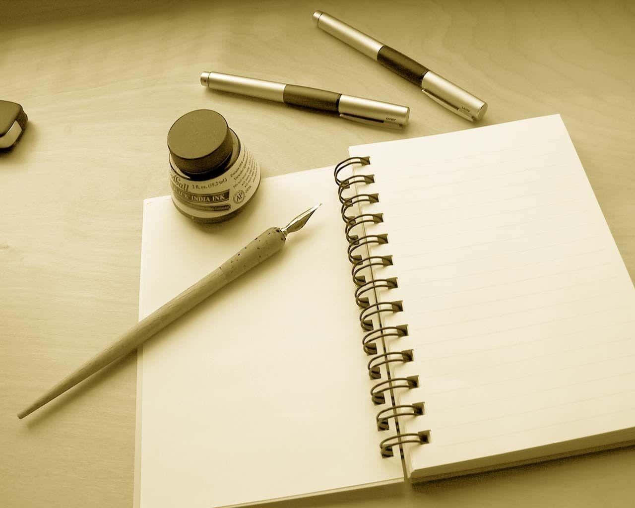 golden fountain pen, sepia-toned desk, fountain pen ink bottle, HD Desktop Wallpaper