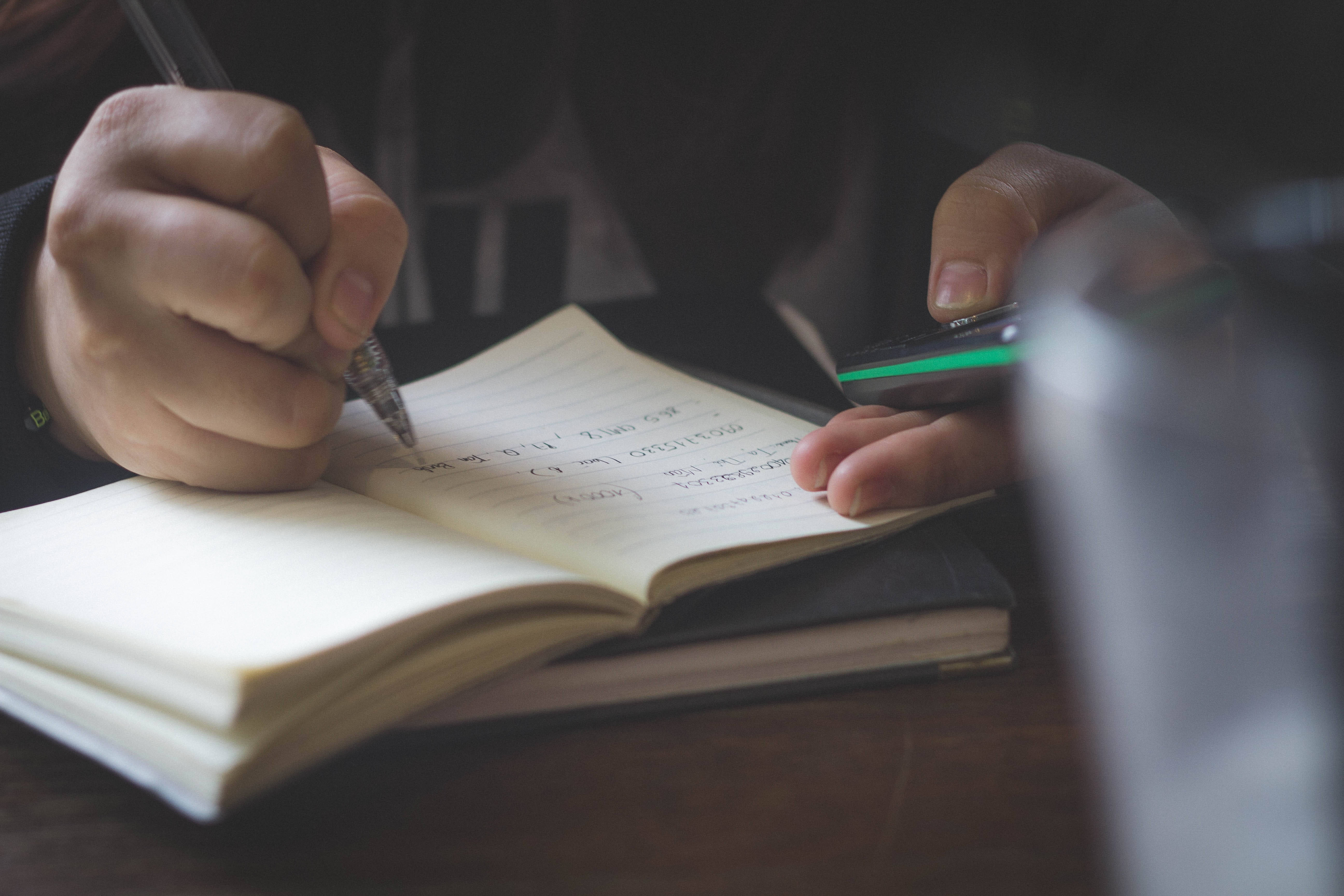 notebook, pen, wooden desk, 5K Desktop Wallpaper