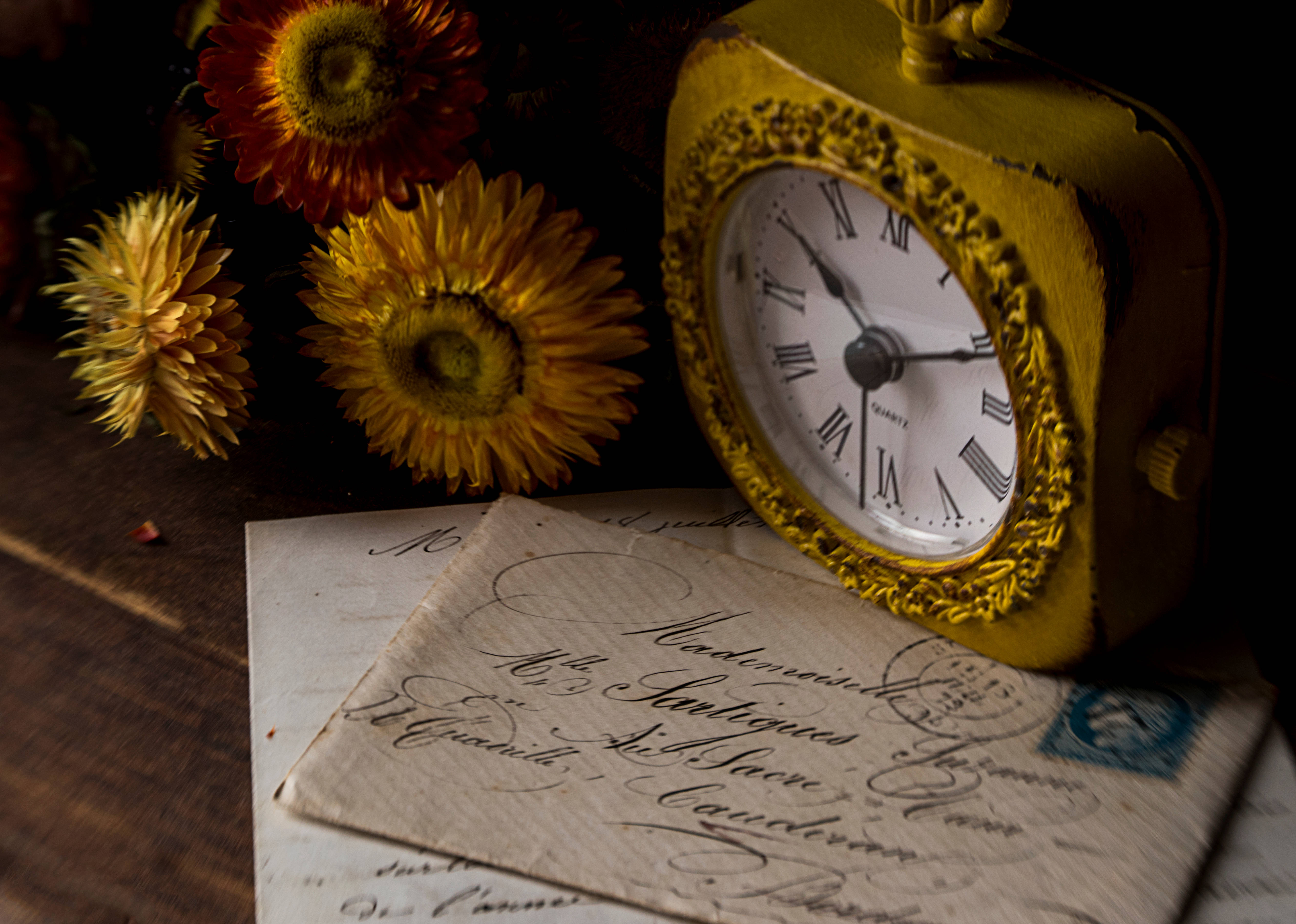 golden vintage clock, vintage yellow clock, Roman numerals, 5K Desktop Wallpaper