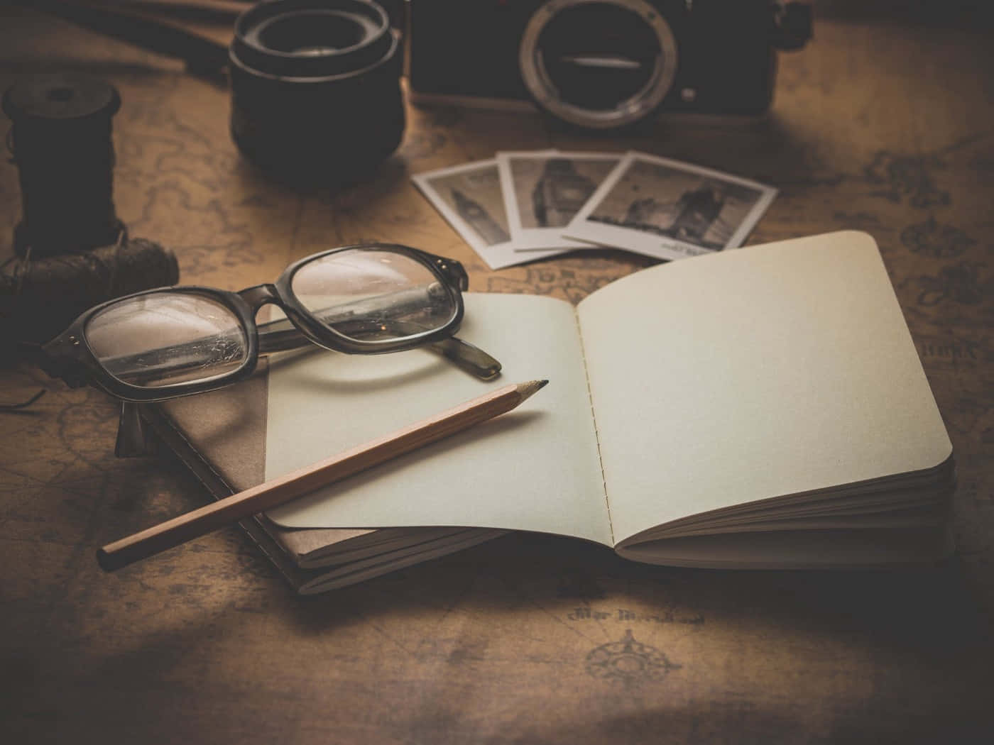 writing notebook, eyeglasses, vintage map, HD Desktop Wallpaper