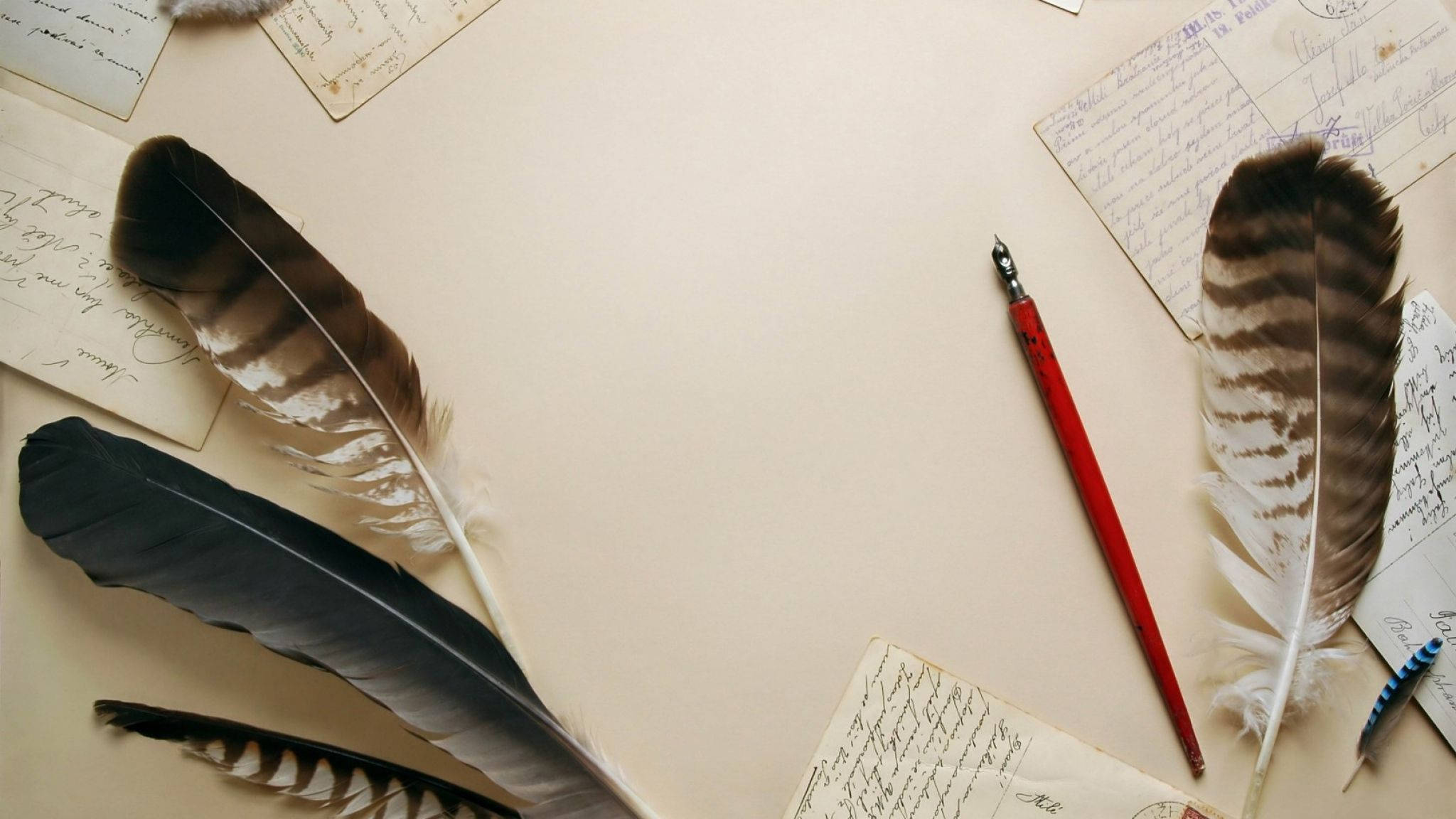 red fountain pen, cream surface, feathers, Full HD Desktop Wallpaper