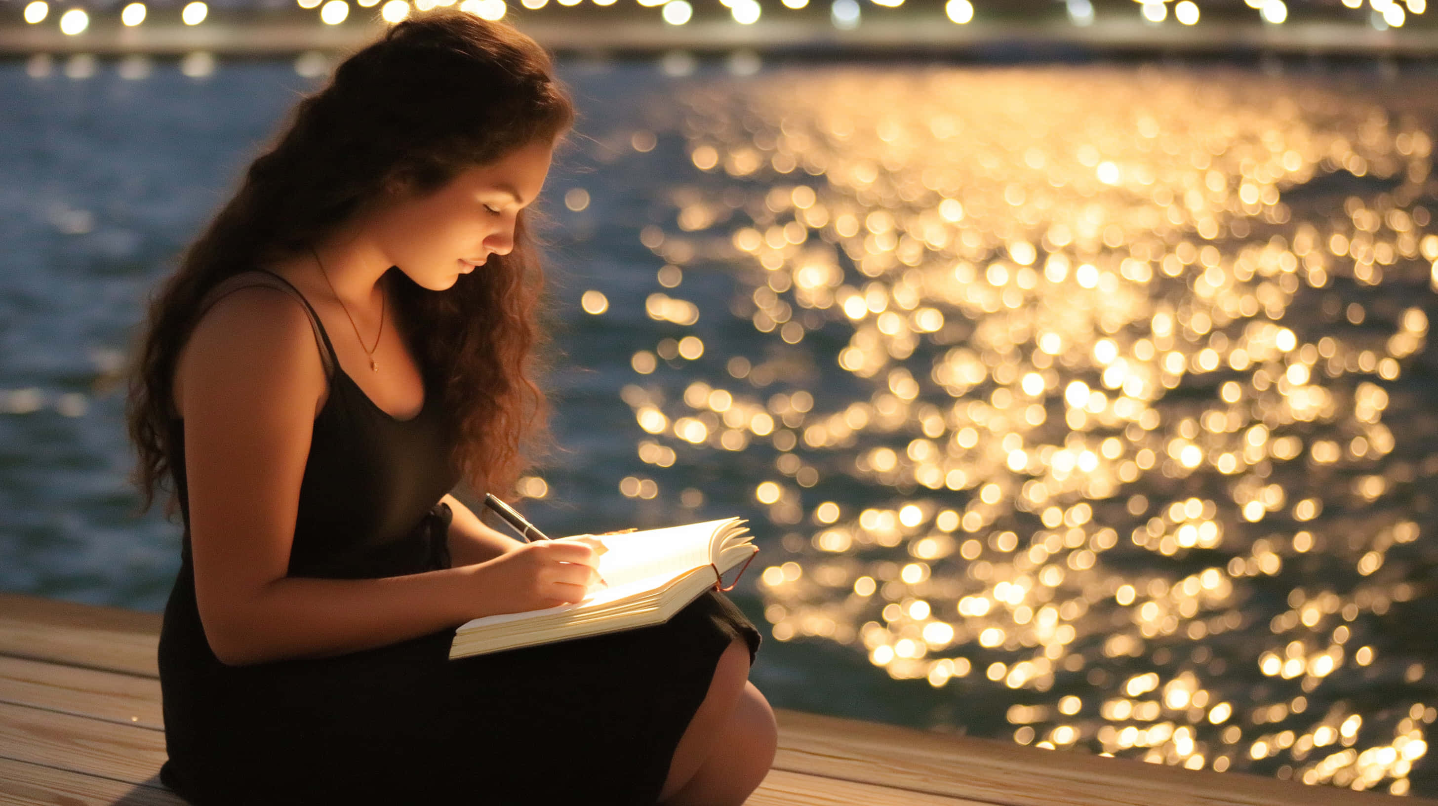 young woman, black dress, notebook, 2K Desktop Wallpaper