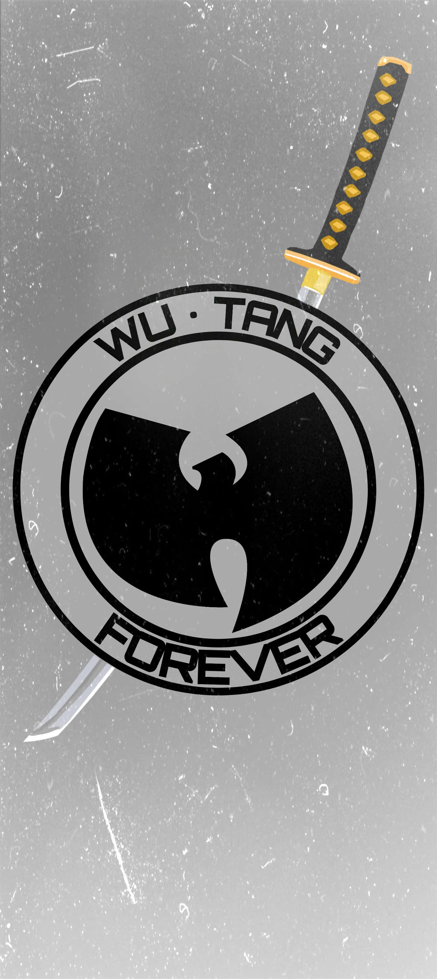 Wu-Tang Clan logo, samurai sword, gritty gray background, 2K Phone Wallpaper