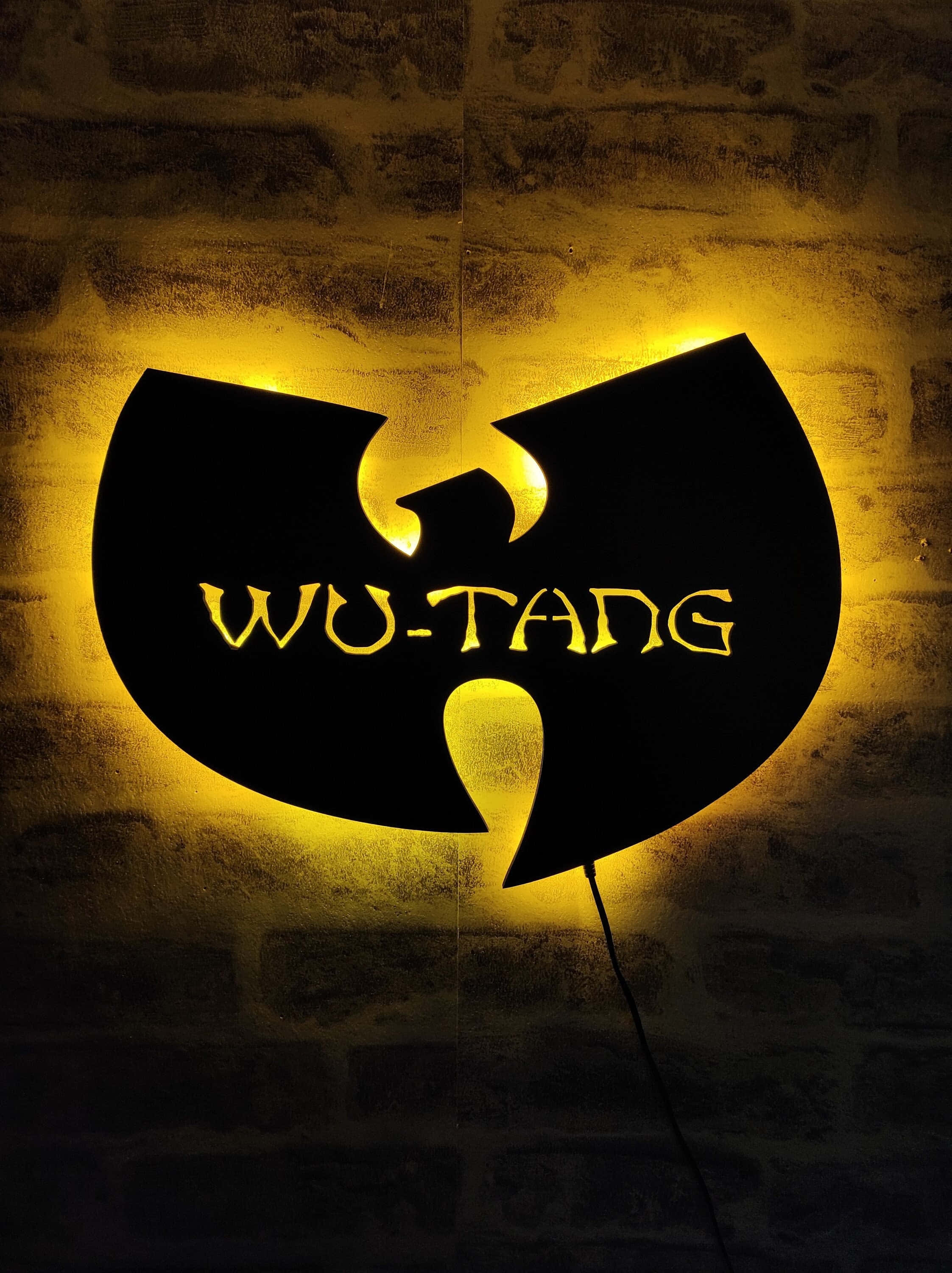 Wu-Tang Clan logo, neon sign, glowing yellow, 2K Phone Wallpaper