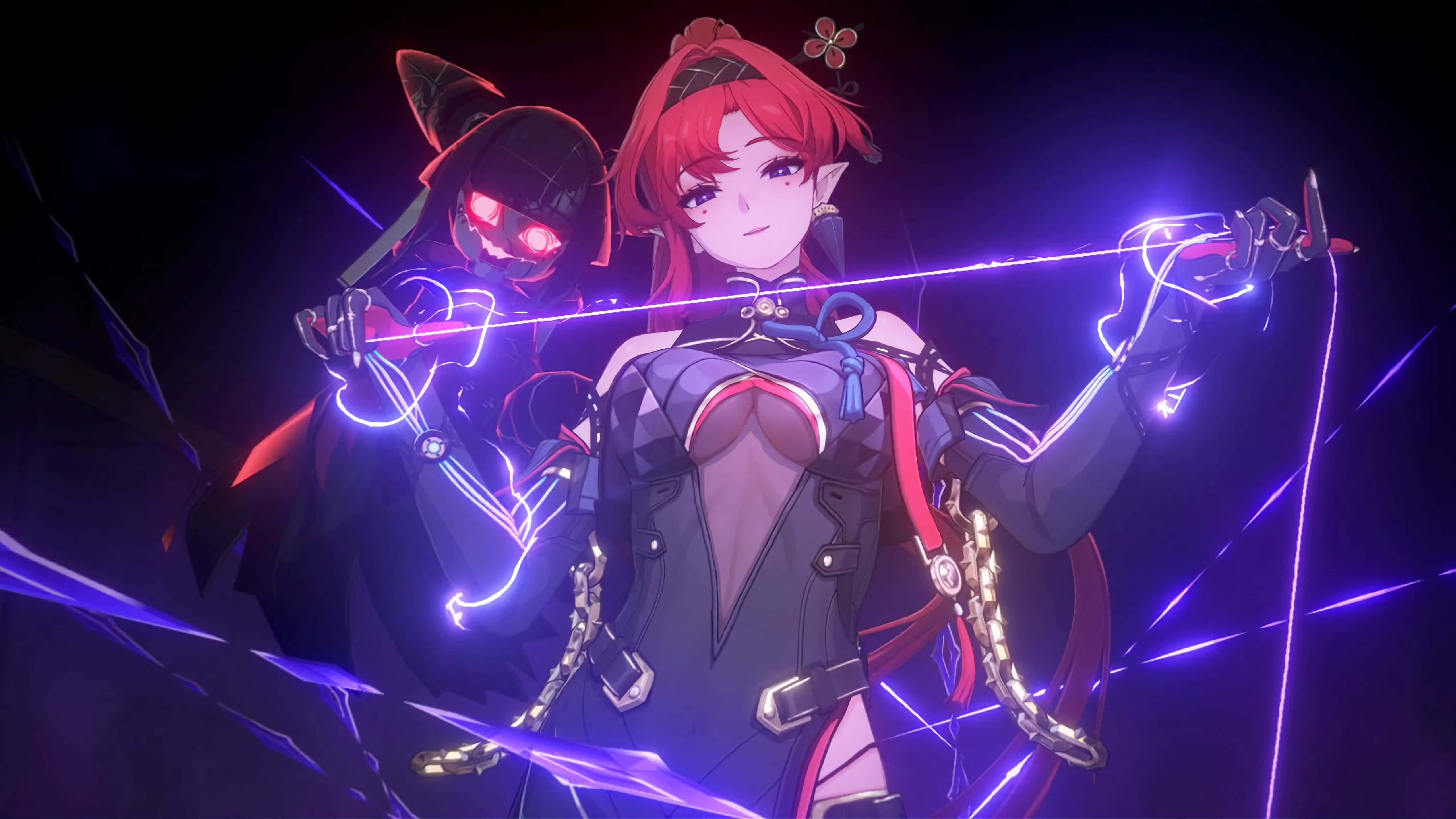 Wuthering Waves, red-haired anime girl, glowing purple bowstring, 5K Desktop Wallpaper