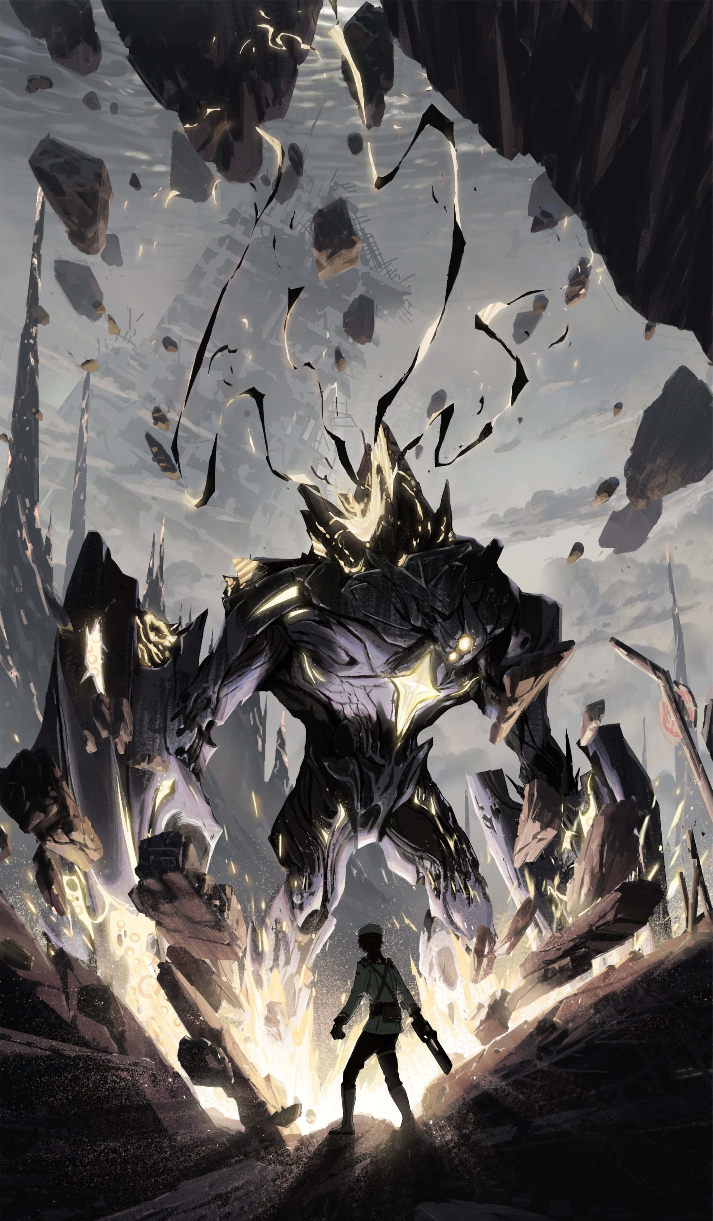 Wuthering Waves, lone warrior, colossal glowing armored monster, 4K Phone Wallpaper