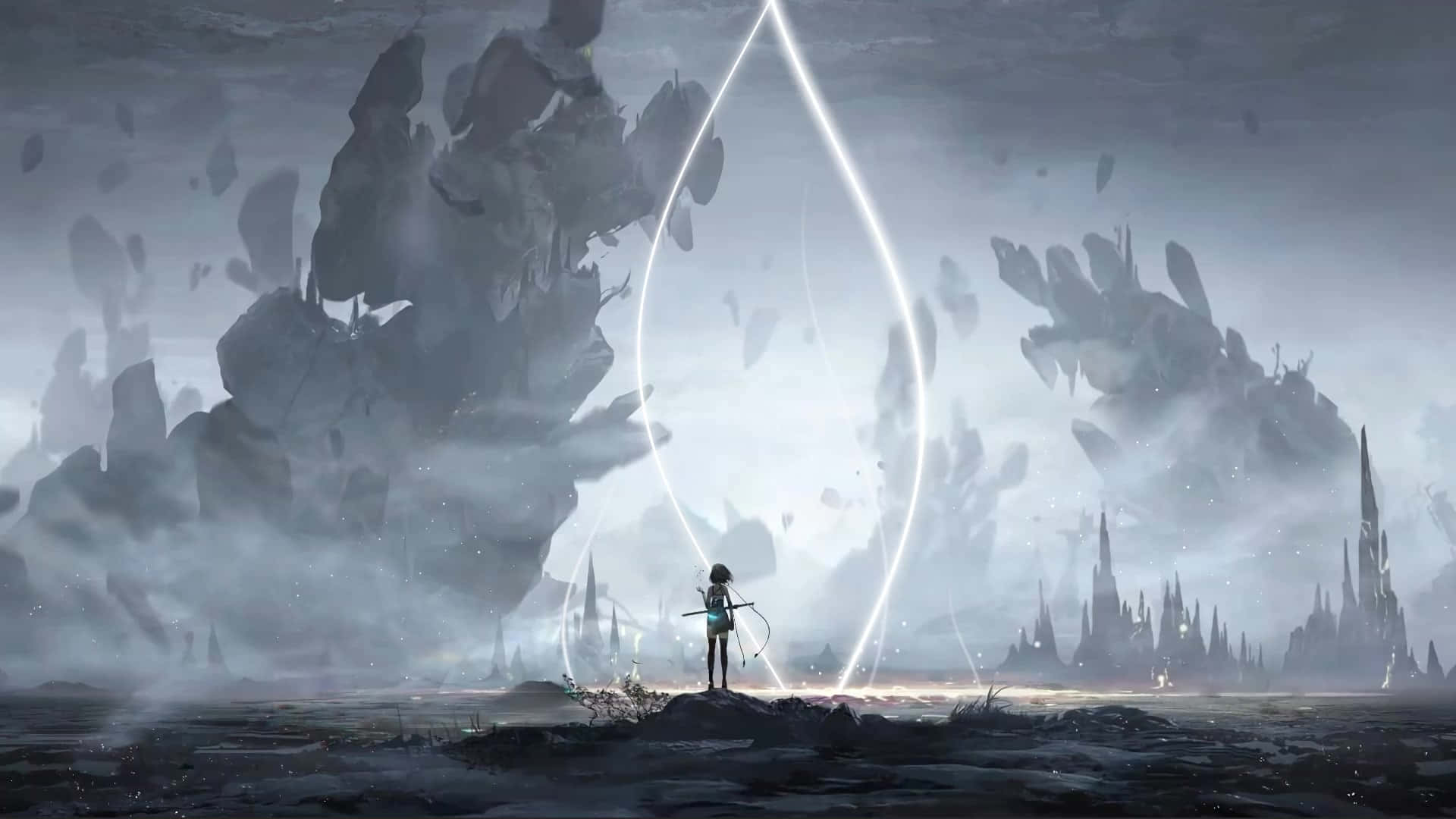 Wuthering Waves, mystical portal, glowing white tear-shaped portal, Full HD Desktop Wallpaper