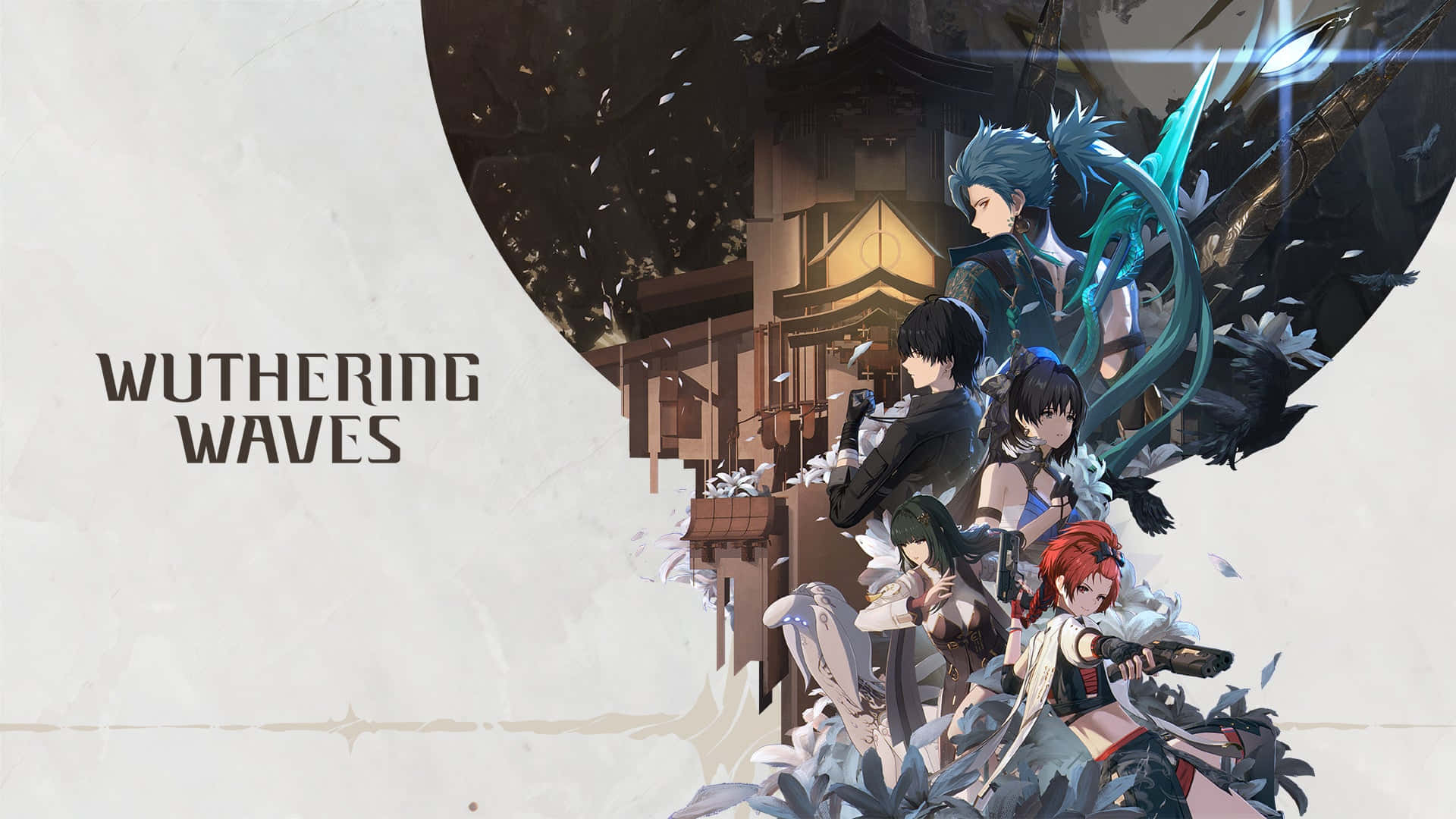 Wuthering Waves, anime-style warriors, traditional wooden building, Full HD Desktop Wallpaper