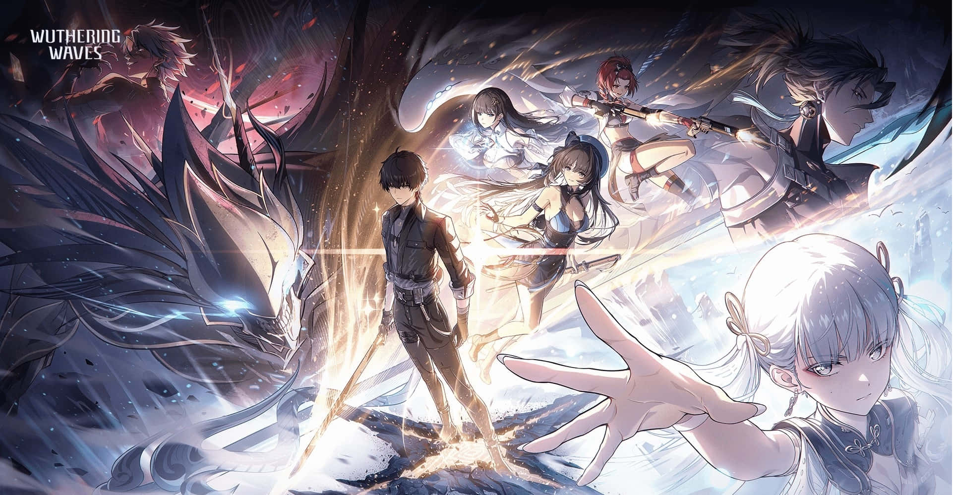 Wuthering Waves, anime-style battle scene, glowing weapons, Full HD Desktop Wallpaper