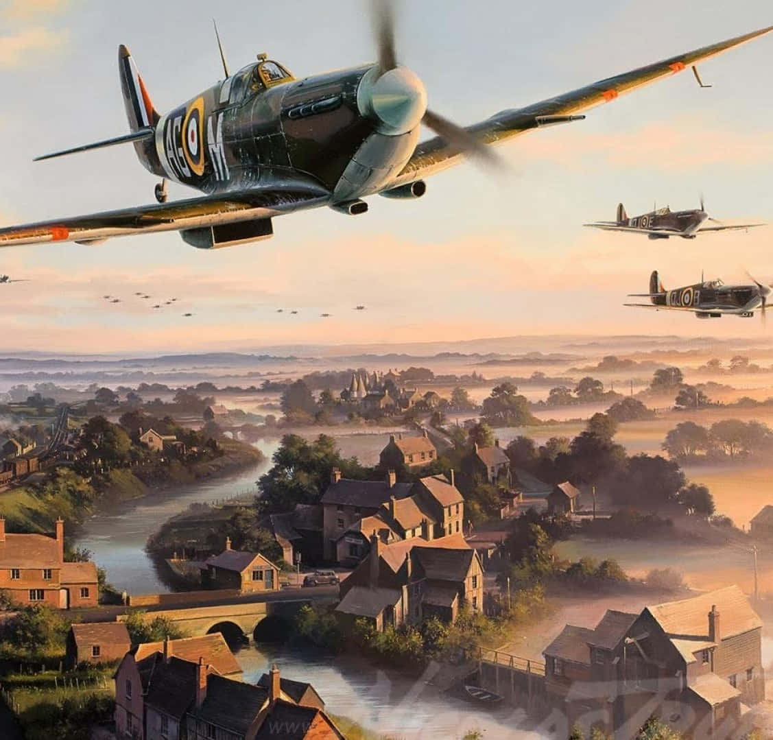 WW2 iPhone, vintage fighter planes, misty English countryside village, SD Desktop Wallpaper
