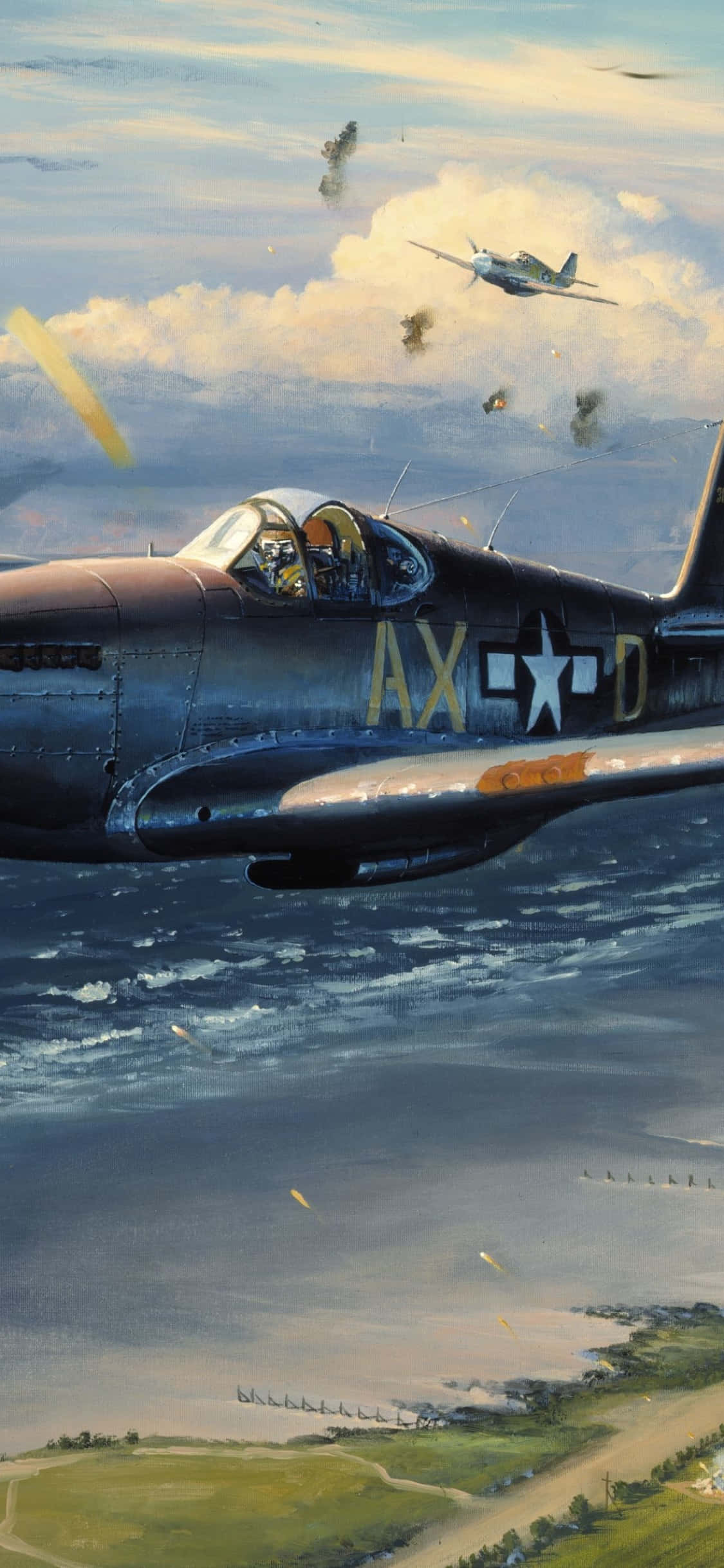 WW2 iPhone, vintage fighter plane, coastal landscape, Full HD Phone Wallpaper