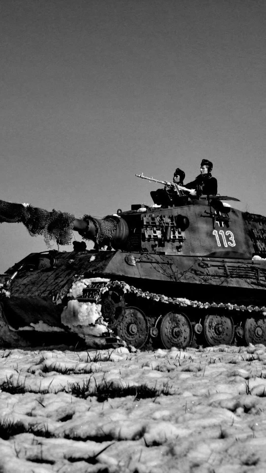 WW2 iPhone, black and white photo, snow-covered tank, Full HD Phone Wallpaper