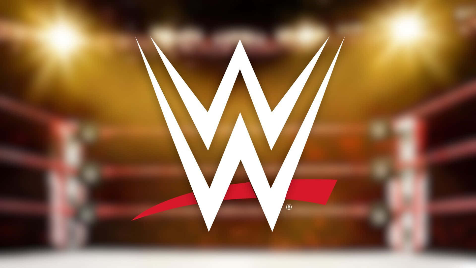 WWE Logo, white and red, blurred wrestling ring, Full HD Desktop Wallpaper
