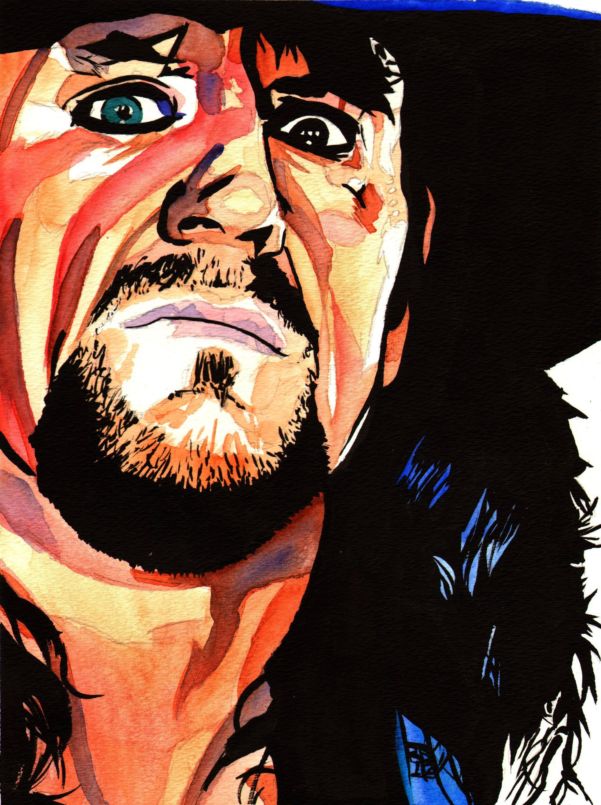 The Undertaker, watercolor portrait, bold reds oranges and blues, 2K Phone Wallpaper